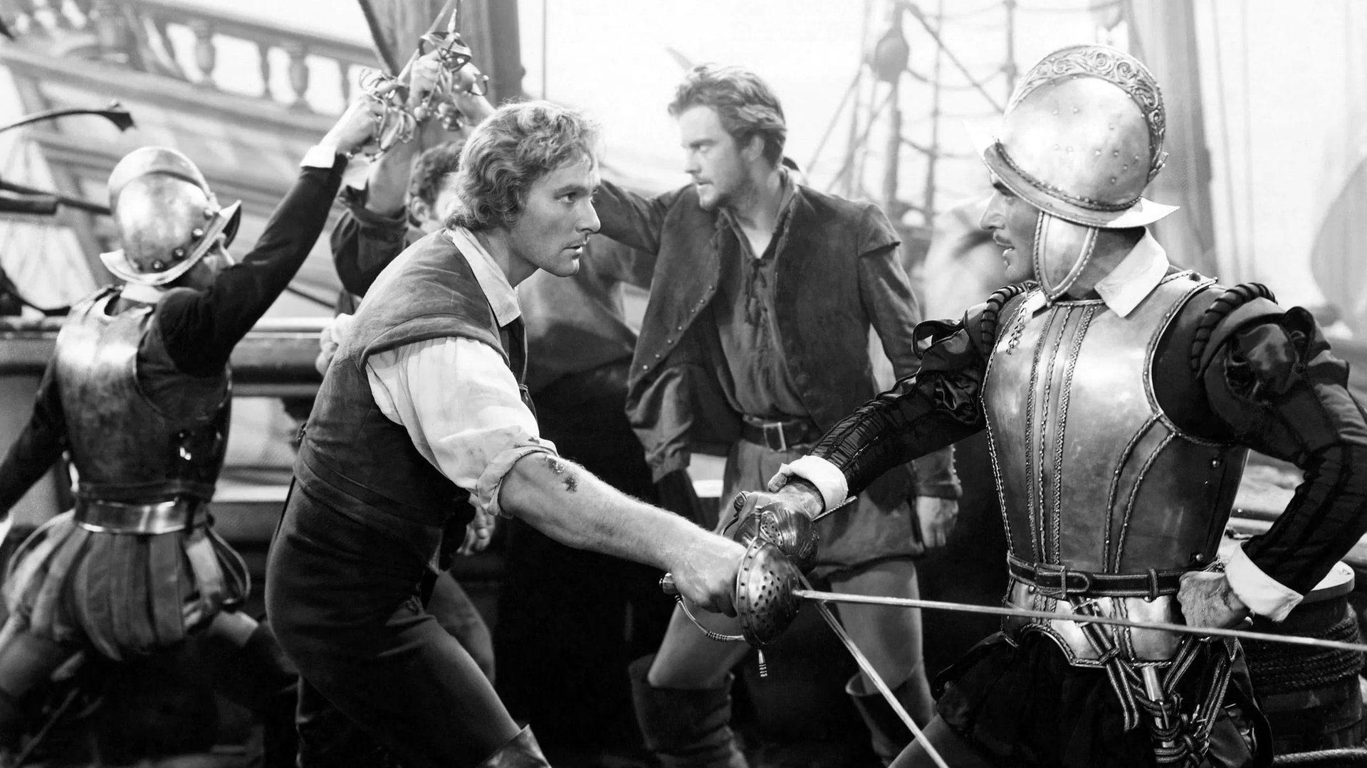 Cinematic background from The Sea Hawk 1940 - Dashing pirate Geoffrey Thorpe plunders Spanish ships for Queen Elizabeth I and falls in love with Dona Maria, a beautiful Spanish royal he captures.