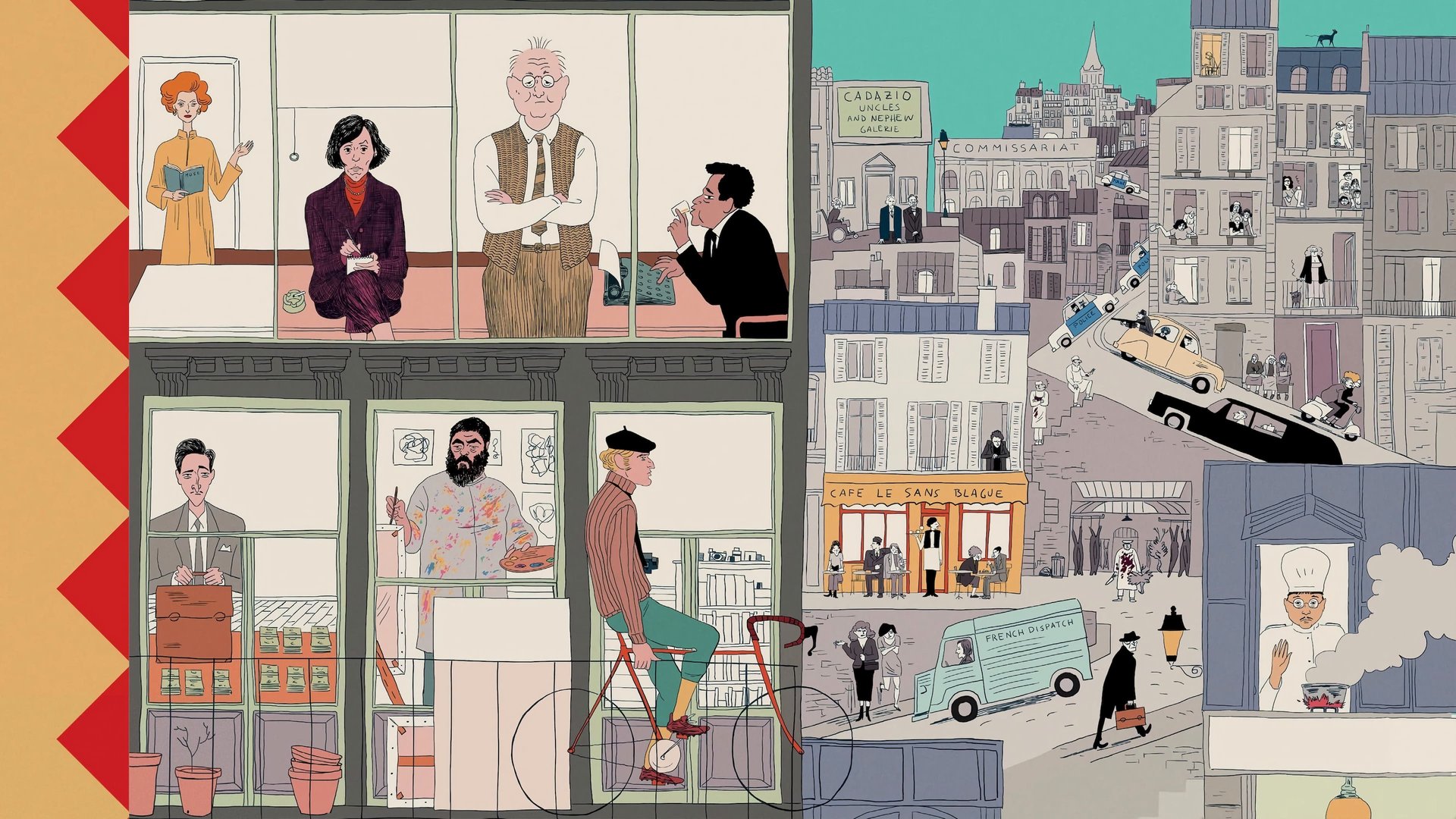 Cinematic background from The French Dispatch 2021 - The staff of an American magazine based in France puts out its last issue, with stories featuring an artist sentenced to life imprisonment, student riots, and a kidnapping resolved by a chef.