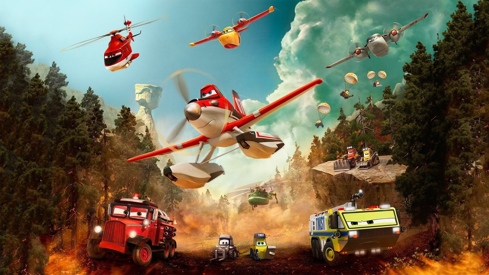 Cinematic background from Planes: Fire & Rescue 2014 - When world-famous air racer Dusty learns that his engine is damaged and he may never race again, he must shift gears and is launched into the world of aerial firefighting. Dusty joins forces with veteran fire and rescue helicopter Blade Ranger and his team, a bunch of all-terrain vehicles known as The Smokejumpers. Together, the fearless team battles a massive wildfire, and Dusty learns what it takes to become a true hero.