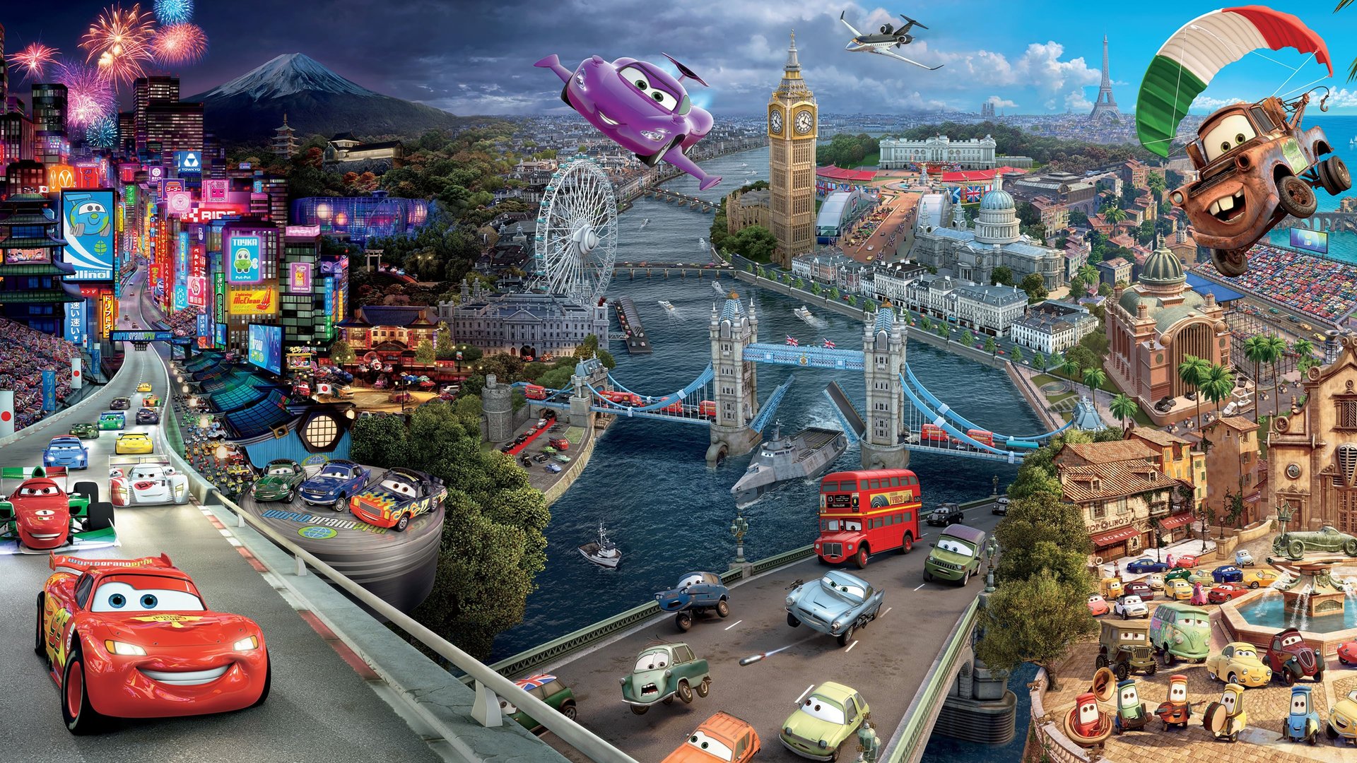 Cinematic background from Cars 2 2011 - Star race car Lightning McQueen and his pal Mater head overseas to compete in the World Grand Prix race. But the road to the championship becomes rocky as Mater gets caught up in an intriguing adventure of his own: international espionage.