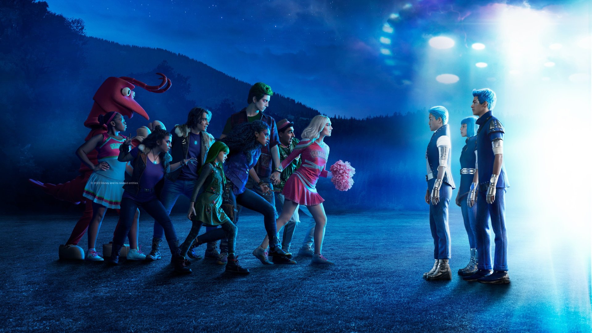 Cinematic background from Zombies 3 2022 - Zed and Addison are beginning their final year at Seabrook High in the town that’s become a safe haven for monsters and humans alike. Zed is anticipating an athletic scholarship that will make him the first Zombie to attend college, while Addison is gearing up for Seabrook’s first international cheer-off competition. Then suddenly, extraterrestrial beings appear around Seabrook, provoking something other than friendly competition.