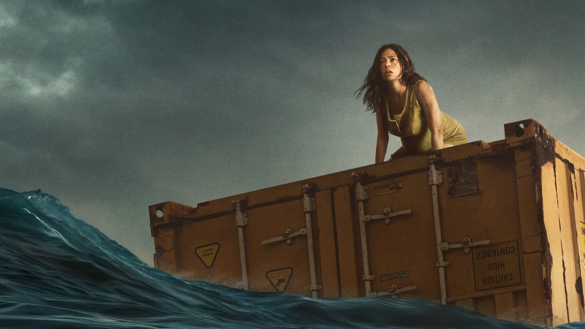 Cinematic background from Nowhere 2023 - A young pregnant woman named Mia escapes from a country at war by hiding in a maritime container aboard a cargo ship. After a violent storm, Mia gives birth to the child while lost at sea, where she must fight to survive.