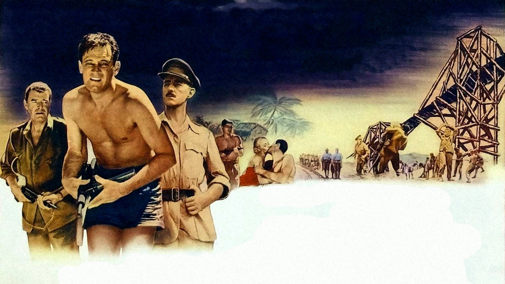 Cinematic background from The Bridge on the River Kwai 1957 - The classic story of English POWs in Burma forced to build a bridge to aid the war effort of their Japanese captors. British and American intelligence officers conspire to blow up the structure, but Col. Nicholson, the commander who supervised the bridge's construction, has acquired a sense of pride in his creation and tries to foil their plans.