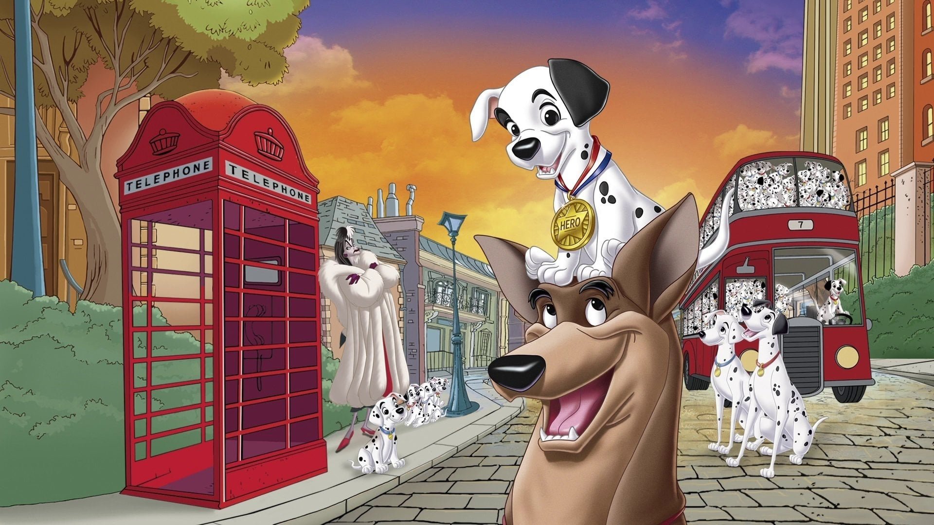 Cinematic background from 101 Dalmatians 2: Patch's London Adventure 2002 - Being one of 101 takes its toll on Patch, who doesn't feel unique. When he's accidentally left behind on moving day, he meets his idol, Thunderbolt, who enlists him on a publicity campaign.