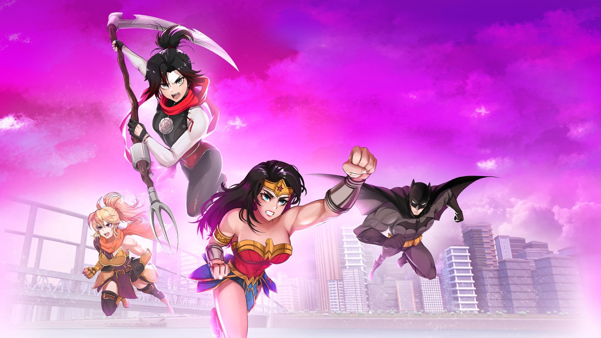 Cinematic background from Justice League x RWBY: Super Heroes and Huntsmen Part Two 2023 - On the heels of successfully escaping a deadly digital trap, the members of the Justice League emerge in their own world to discover that Grimm, ravenous creatures from Remnant, have overtaken Earth! In order to defeat the monsters, they must call on their new friends – Team RWBY – for help!