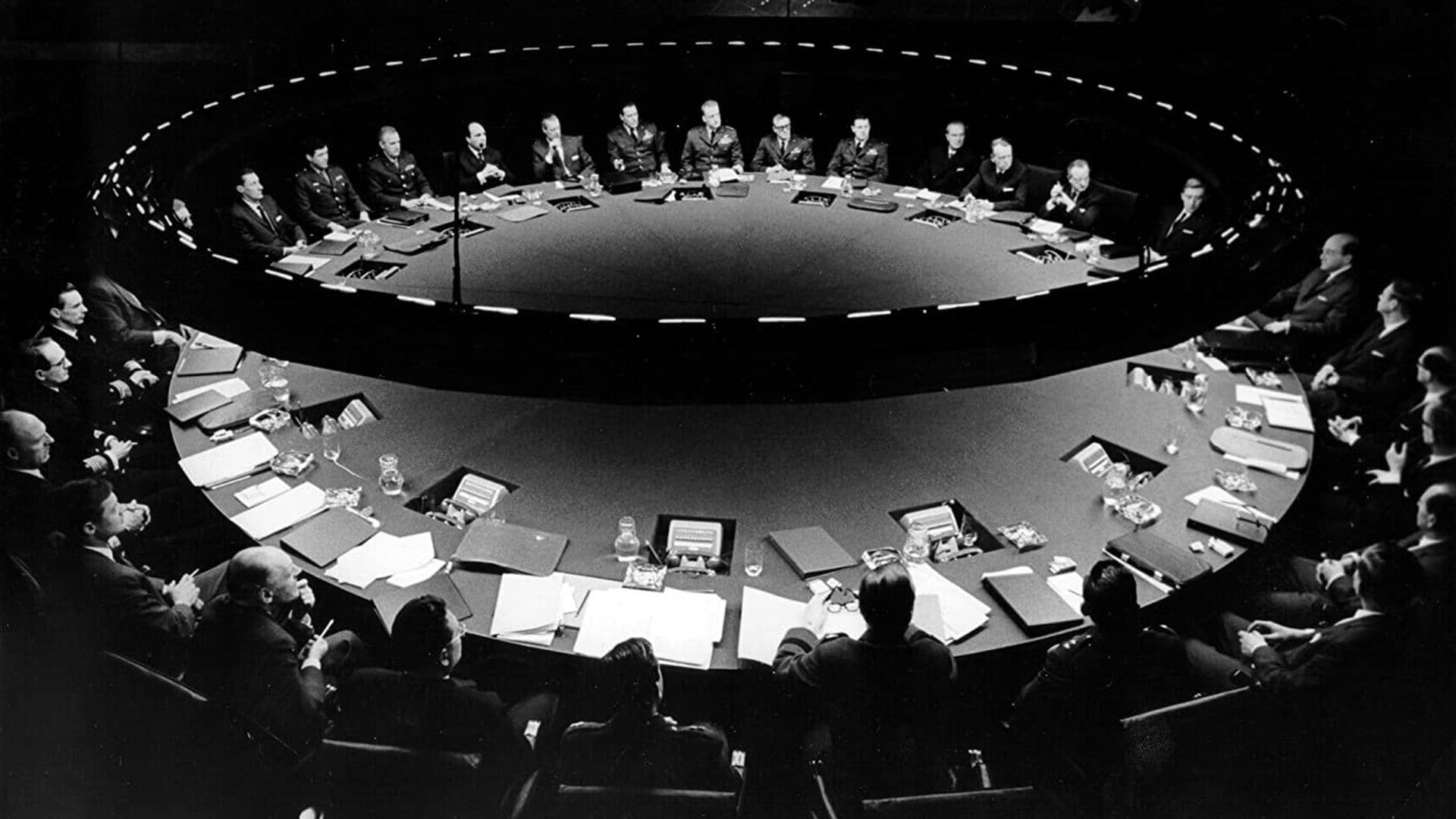 Cinematic background from Dr. Strangelove or: How I Learned to Stop Worrying and Love the Bomb 1964 - After the insane General Jack D. Ripper initiates a nuclear strike on the Soviet Union, a war room full of politicians, generals and a Russian diplomat all frantically try to stop the nuclear strike.