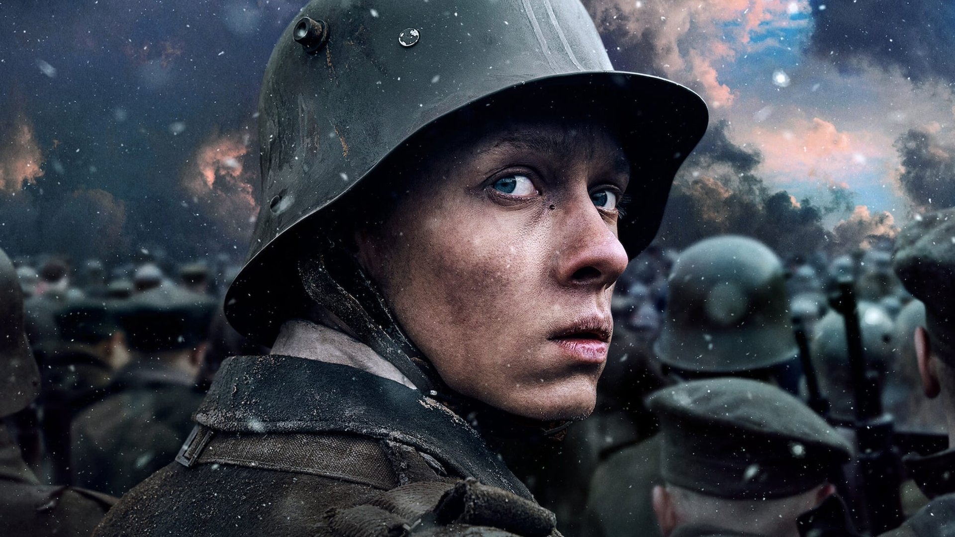 Cinematic background from All Quiet on the Western Front 2022 - Paul Baumer and his friends Albert and Muller, egged on by romantic dreams of heroism, voluntarily enlist in the German army. Full of excitement and patriotic fervour, the boys enthusiastically march into a war they believe in. But once on the Western Front, they discover the soul-destroying horror of World War I.