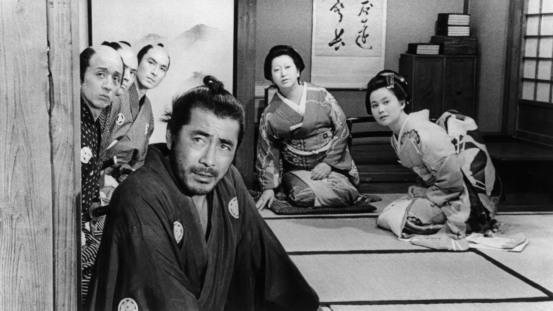 Cinematic background from Sanjuro 1962 - Toshiro Mifune swaggers and snarls to brilliant comic effect in Kurosawa's tightly paced, beautifully composed "Sanjuro." In this companion piece and sequel to "Yojimbo," jaded samurai Sanjuro helps an idealistic group of young warriors weed out their clan's evil influences, and in the process turns their image of a proper samurai on its ear.