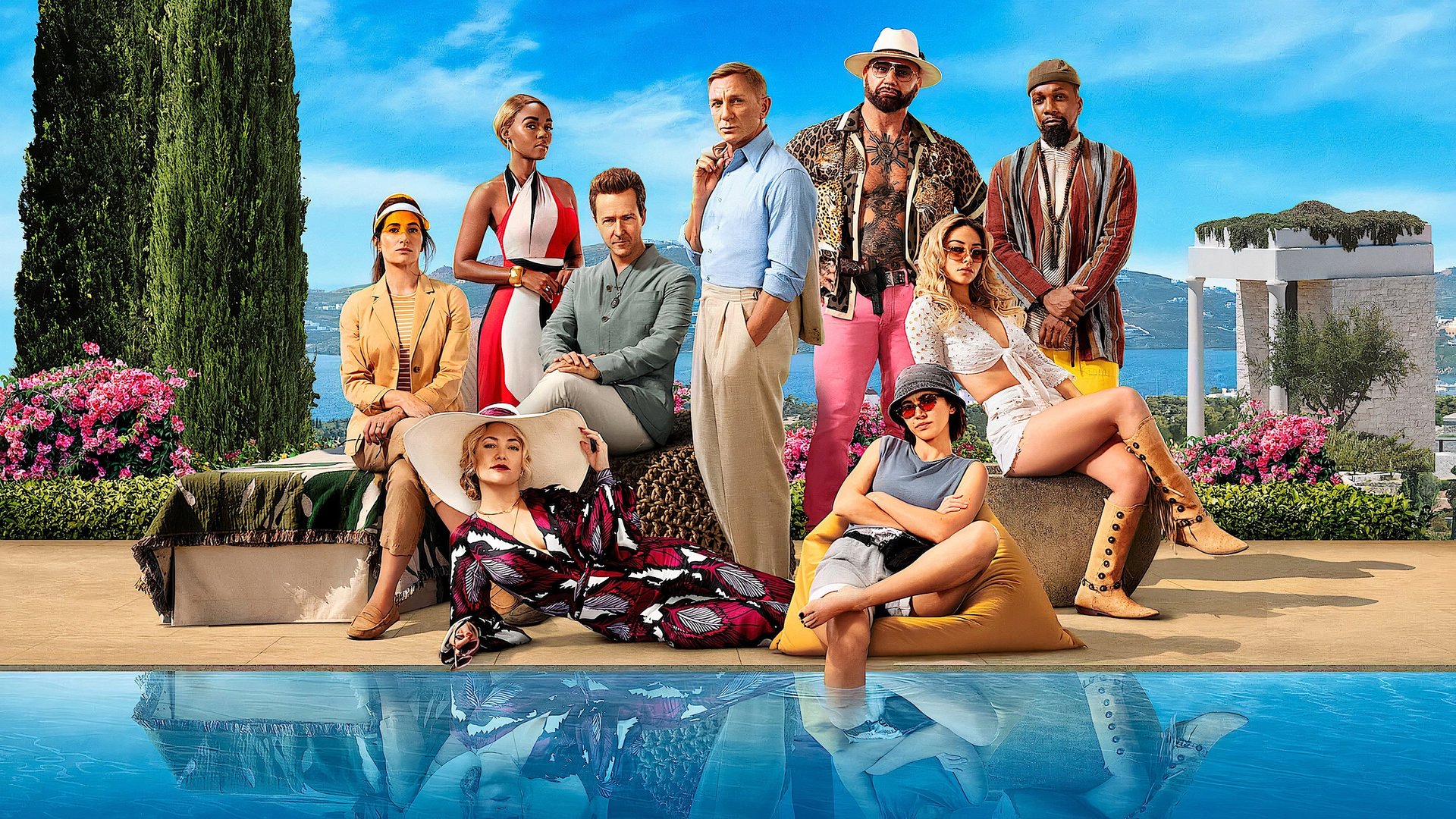 Cinematic background from Glass Onion 2022 - World-famous detective Benoit Blanc heads to Greece to peel back the layers of a mystery surrounding a tech billionaire and his eclectic crew of friends.