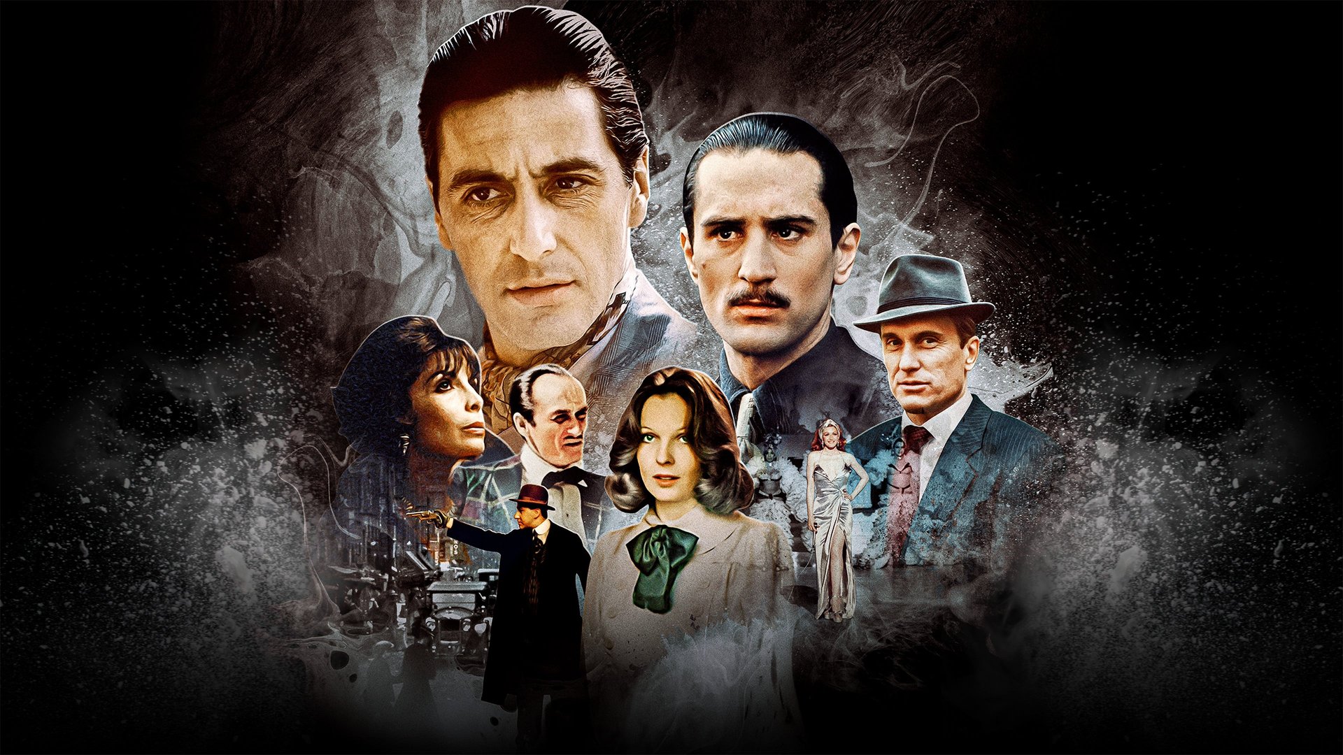 Cinematic background from The Godfather Part II 1974 - In the continuing saga of the Corleone crime family, a young Vito Corleone grows up in Sicily and in 1910s New York. In the 1950s, Michael Corleone attempts to expand the family business into Las Vegas, Hollywood and Cuba.