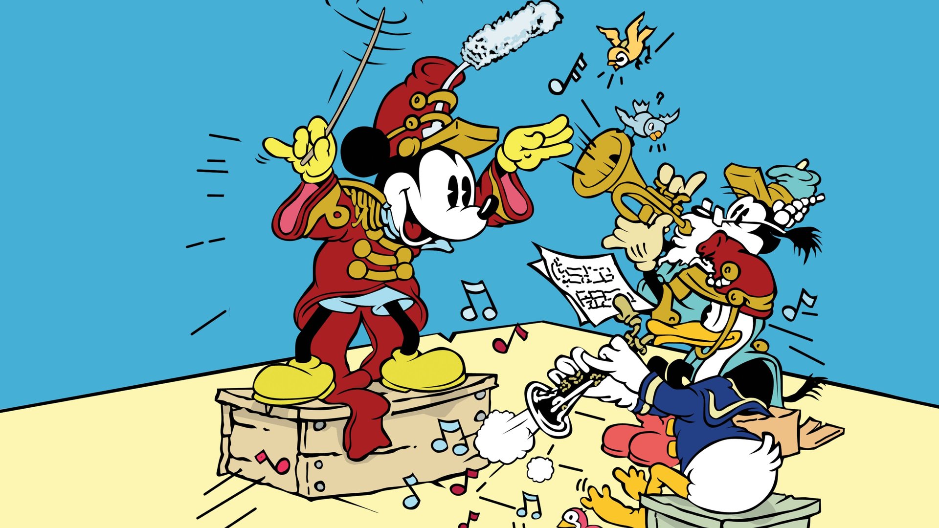 Cinematic background from The Band Concert 1935 - Mickey is trying to lead a concert of The William Tell Overture, but he's continually disrupted by ice cream vendor Donald, who uses a seemingly endless supply of flutes to play Turkey in the Straw instead. After Donald gives up, a bee comes along and causes his own havoc. The band then reaches the Storm sequence, and the weather also starts to pick up; a tornado comes along, but they keep playing.