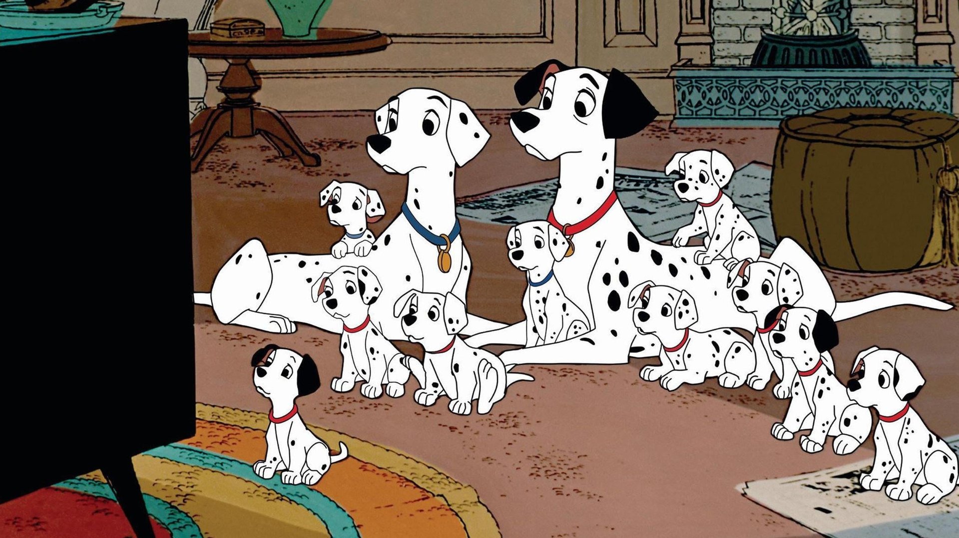 Cinematic background from One Hundred and One Dalmatians 1961 - When a litter of dalmatian puppies are abducted by the minions of Cruella De Vil, the parents must find them before she uses them for a diabolical fashion statement.
 In a Disney animation classic, Dalmatian Pongo is tired of his bachelor-dog life. He spies lovely Perdita and maneuvers his master, Roger, into meeting Perdita's owner, Anita. The owners fall in love and marry, keeping Pongo and Perdita together too. After Perdita gives birth to a litter of 15 puppies, Anita's old school friend Cruella De Vil wants to buy them all. Roger declines her offer, so Cruella hires the criminal Badun brothers to steal them -- so she can have a fur coat.