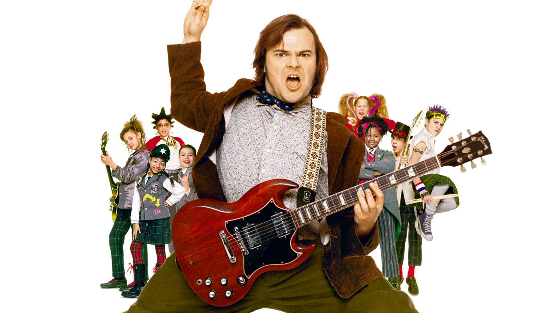 Cinematic background from School of Rock 2003 - Fired from his band and hard up for cash, guitarist and vocalist Dewey Finn finagles his way into a job as a fifth-grade substitute teacher at a private school, where he secretly begins teaching his students the finer points of rock 'n' roll. The school's hard-nosed principal is rightly suspicious of Finn's activities. But Finn's roommate remains in the dark about what he's doing.