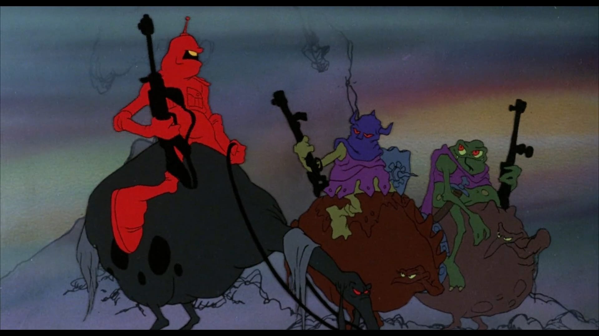 Cinematic background from Wizards 1977 - After the death of his mother, the evil mutant wizard Blackwolf discovers some long-lost military technologies. Full of ego and ambition, Blackwolf claims his mother's throne, assembles an army and sets out to brainwash and conquer Earth. Meanwhile, Blackwolf's gentle twin brother, the bearded and sage Avatar, calls upon his own magical abilities to foil Blackwolf's plans for world domination -- even if it means destroying his own flesh and blood.