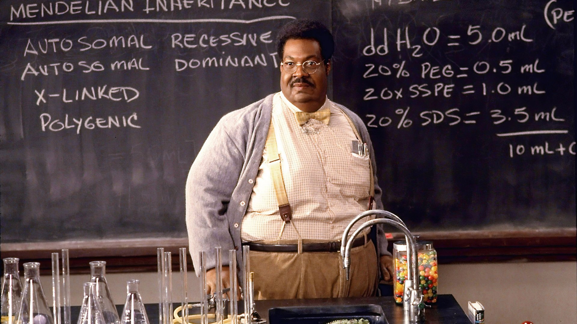 Cinematic background from The Nutty Professor 1996 - Eddie Murphy stars as shy Dr. Sherman Klump, a kind, brilliant, 'calorifically challenged' genetic professor. When beautiful Carla Purty joins the university faculty, Sherman grows desperate to whittle his 400-pound frame down to size and win her heart. So, with one swig of his experimental fat-reducing serum, Sherman becomes 'Buddy Love', a fast-talking, pumped-up , plumped down Don Juan.