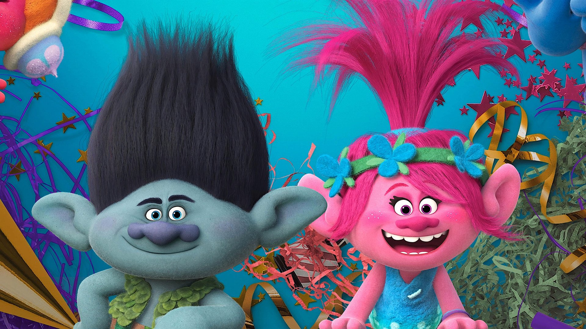 Cinematic background from Trolls 2016 - After the monstrous Bergens invade Troll Village, Princess Poppy, the happiest Troll ever born, and overly-cautious, curmudgeonly outcast Branch set off on a journey to rescue her friends. Their mission is full of adventure and mishaps, as this mismatched duo try to tolerate each other long enough to get the job done.