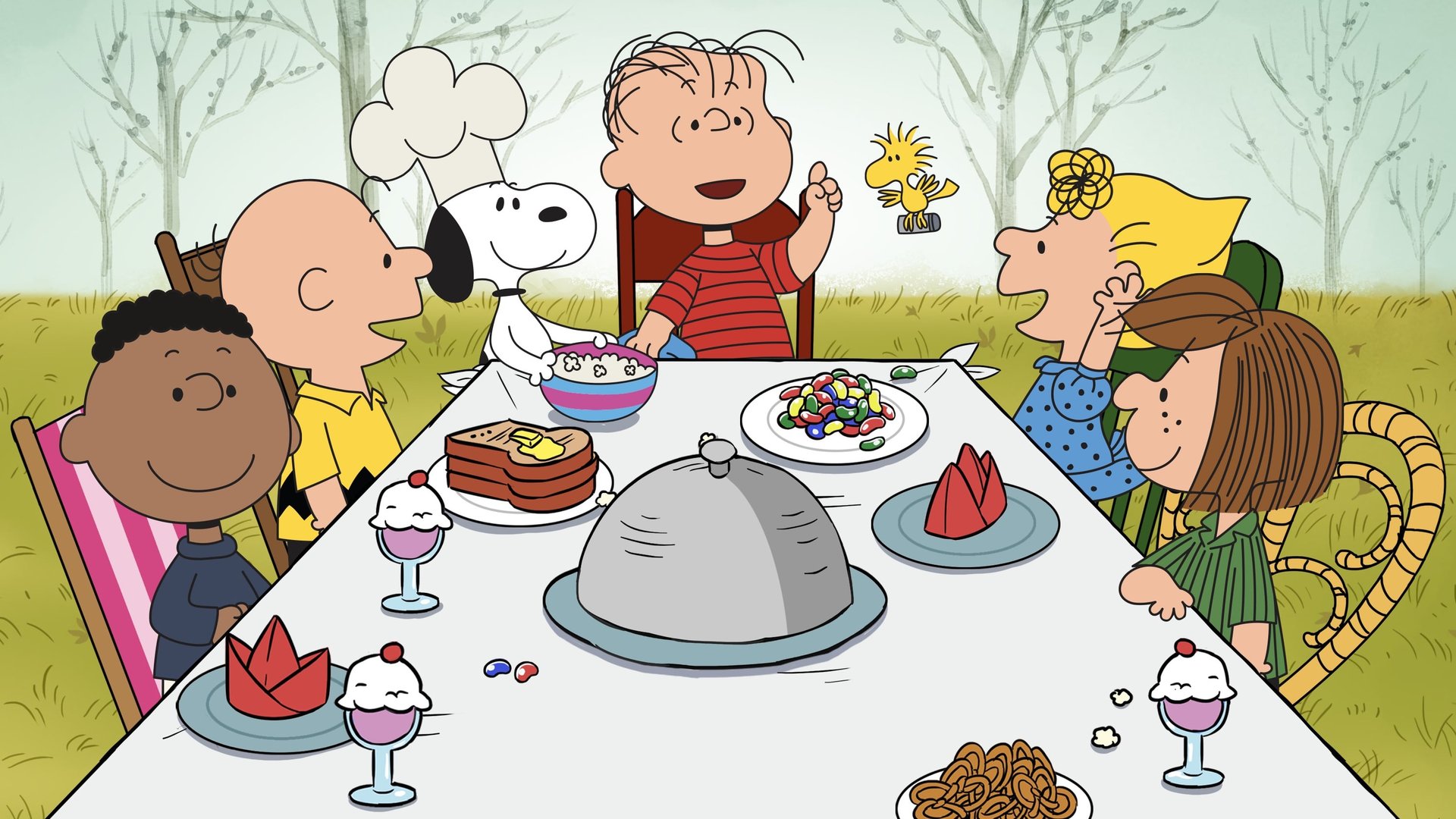 Cinematic background from A Charlie Brown Thanksgiving 1973 - Turkey, cranberries, pumpkin pie... and the Peanuts gang to share them with. This is going to be the greatest Thanksgiving ever! The fun begins when Peppermint Patty invites herself and her pals to Charlie Brown's house for a REALLY big turkey party. Good grief! All our hero can cook is cold cereal and maybe toast. Is Charlie Brown doomed? Not when Linus, Snoopy and Woodstock chip in to save the (Thanksgiving) Day. With such good friends, Charlie Brown - and all of us - have so many reasons to be thankful.
