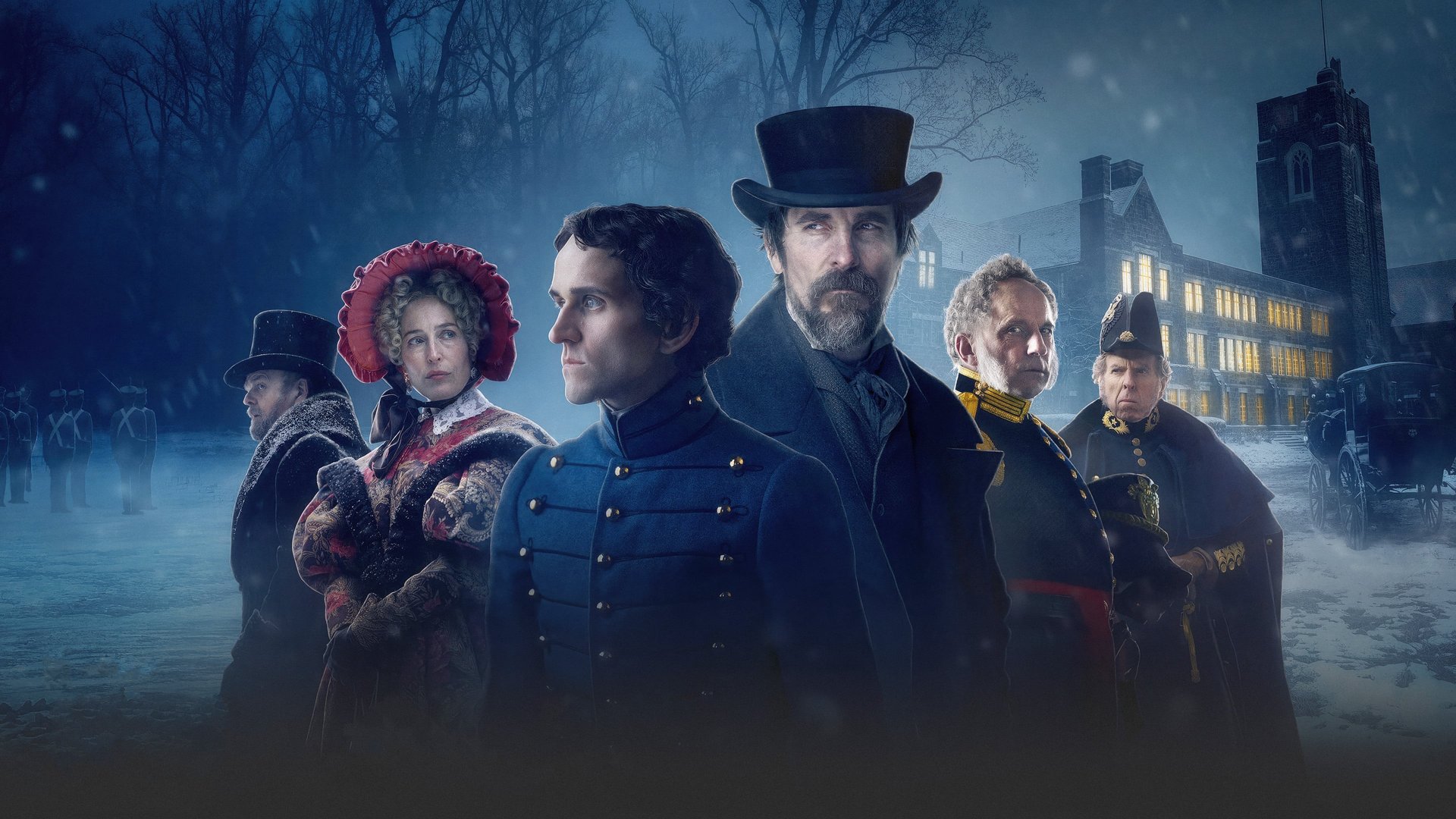 Cinematic background from The Pale Blue Eye 2022 - West Point, New York, 1830. When a cadet at the burgeoning military academy is found hanged with his heart cut out, the top brass summons former New York City constable Augustus Landor to investigate. While attempting to solve this grisly mystery, the reluctant detective engages the help of one of the cadets: a strange but brilliant young fellow by the name of Edgar Allan Poe.