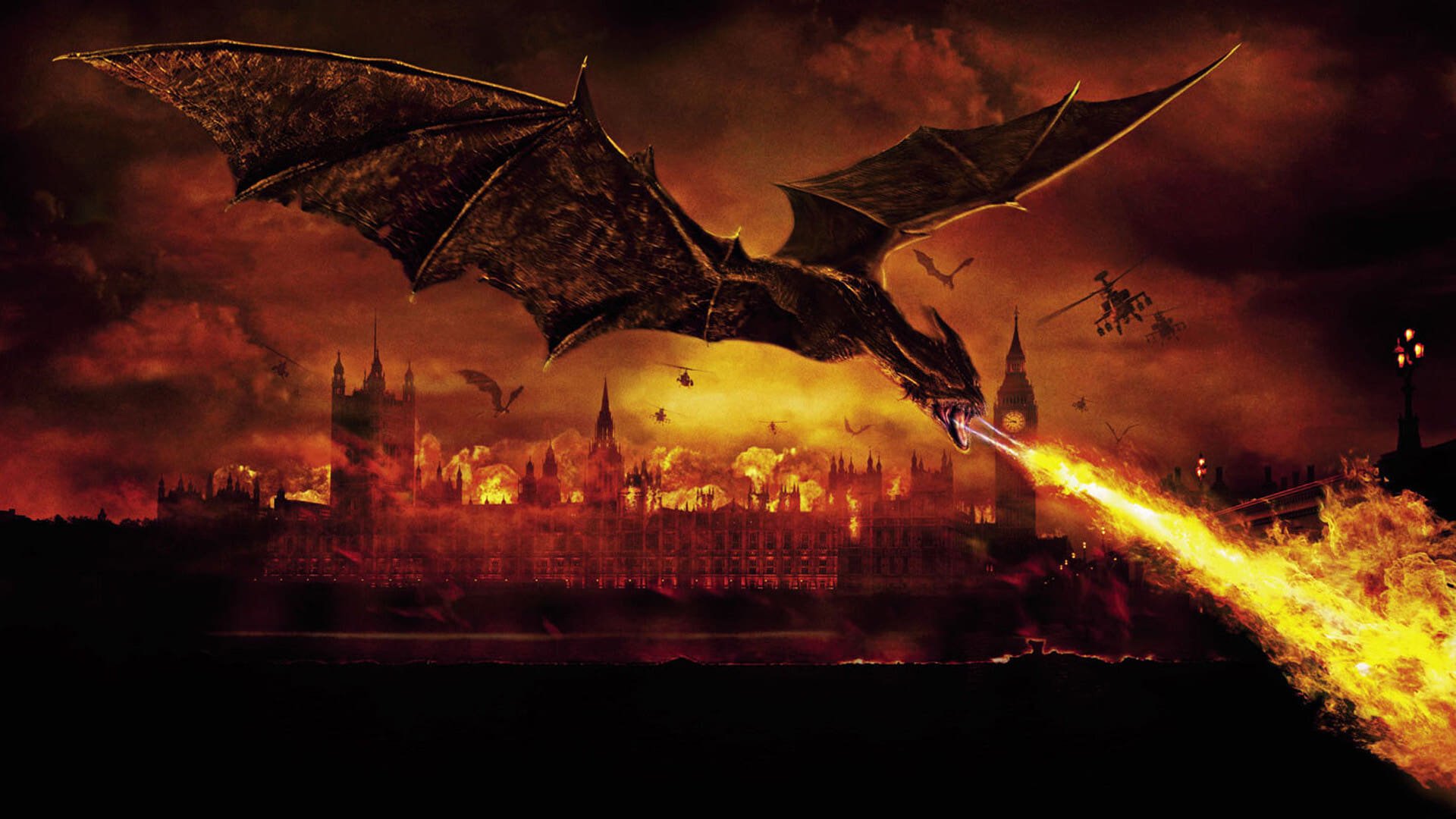 Cinematic background from Reign of Fire 2002 - In post-apocalyptic England, an American volunteer and a British survivor team up to fight off a brood of fire-breathing dragons seeking to return to global dominance after centuries of rest underground. The Brit -- leading a clan of survivors to hunt down the King of the Dragons -- has much at stake: His mother was killed by a dragon, but his love is still alive.