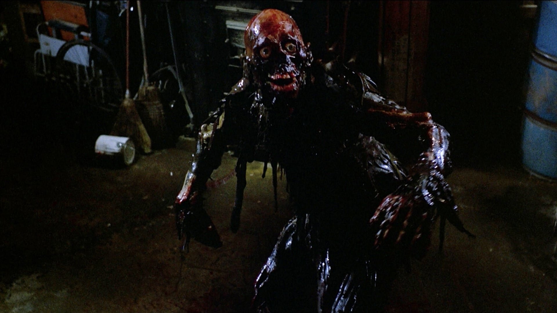 Cinematic background from The Return of the Living Dead 1985 - When foreman Frank shows new employee Freddy a secret military experiment in a supply warehouse in Louisville, Kentucky, the two klutzes accidentally release a gas that reanimates corpses into flesh-eating zombies. As the epidemic spreads throughout the town, and the creatures satisfy their hunger in gory and outlandish ways, Frank and Freddy fight to survive with the help of their boss and a mysterious mortician.