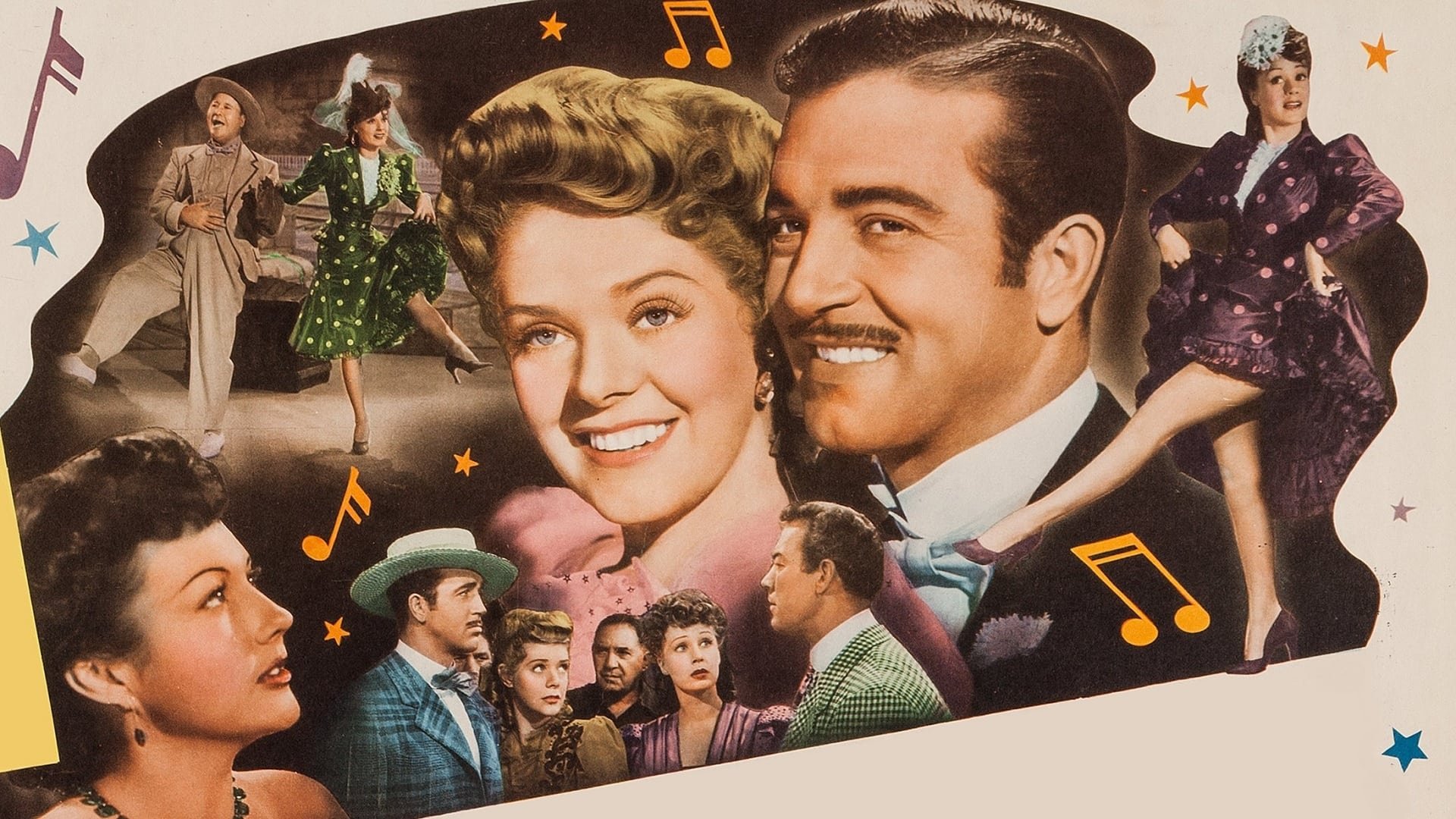 Cinematic background from Hello Frisco, Hello 1943 - In turn-of-the-century San Francisco, an ambitious vaudevillian takes his quartet from a honky tonk to the big time, while spurning the love of his troupe's star singer for a selfish heiress.