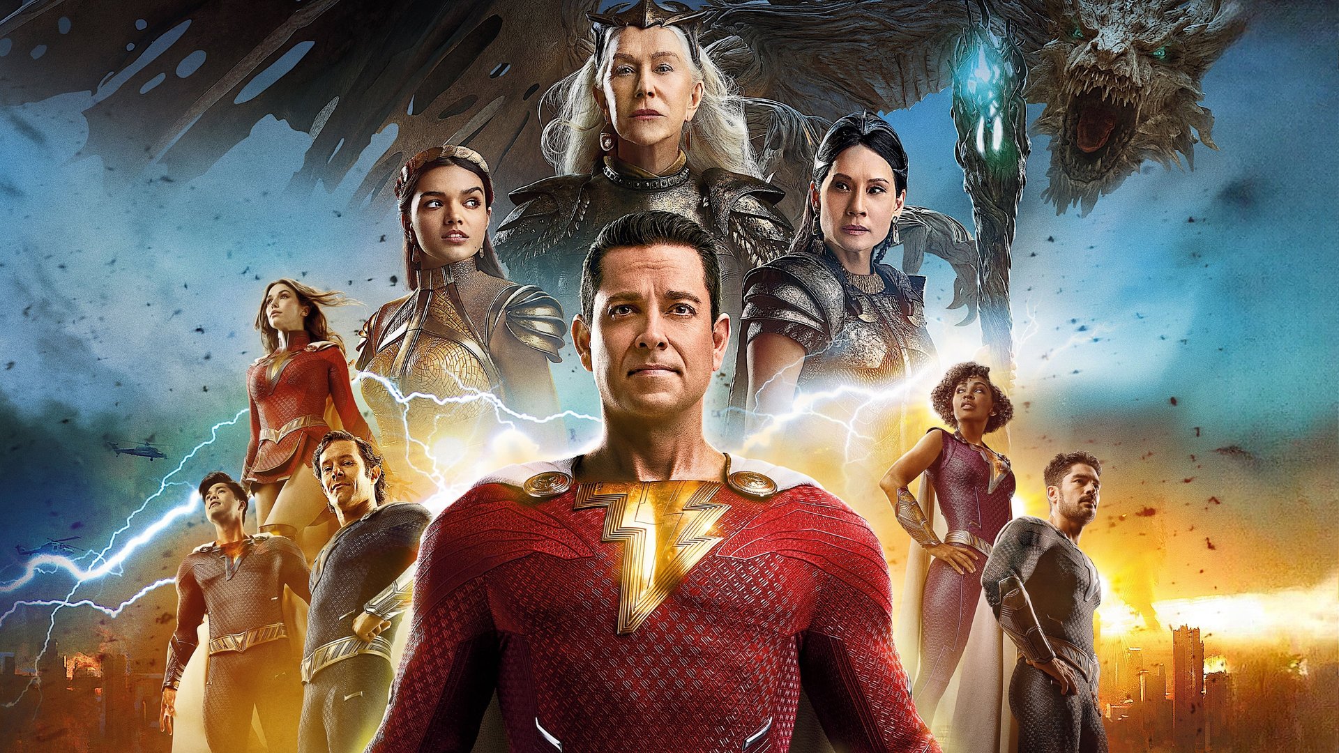 Cinematic background from Shazam! Fury of the Gods 2023 - Billy Batson and his foster siblings, who transform into superheroes by saying "Shazam!", are forced to get back into action and fight the Daughters of Atlas, who they must stop from using a weapon that could destroy the world.