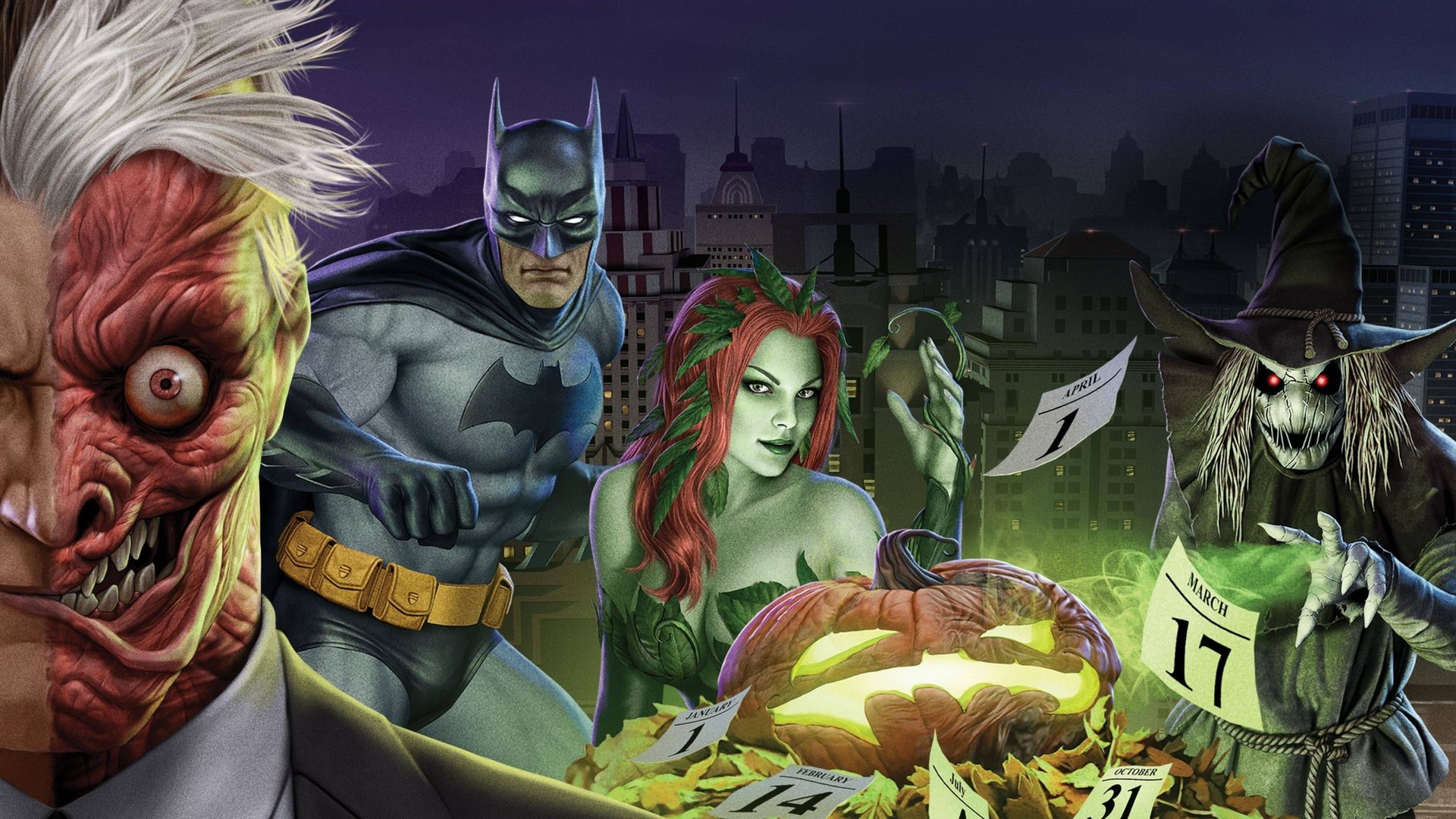 Cinematic background from Batman: The Long Halloween, Part Two 2021 - As Gotham City's young vigilante, the Batman, struggles to pursue a brutal serial killer, district attorney Harvey Dent gets caught in a feud involving the criminal family of the Falcones.