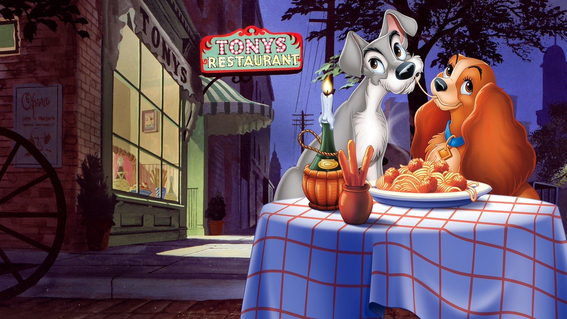 Cinematic background from Lady and the Tramp 1955 - Lady, a golden cocker spaniel, meets up with a mongrel dog who calls himself the Tramp. He is obviously from the wrong side of town, but happenings at Lady's home make her decide to travel with him for a while.