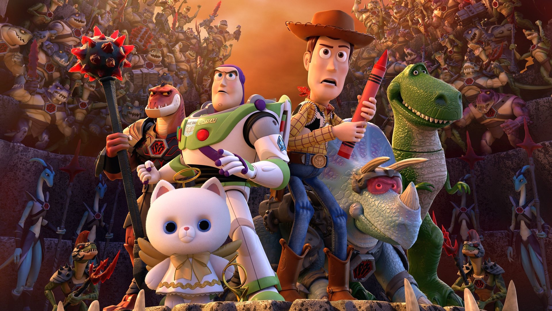 Cinematic background from Toy Story That Time Forgot 2014 - During a post-Christmas play date, the gang find themselves in uncharted territory when the coolest set of action figures ever turn out to be dangerously delusional. It's all up to Trixie, the triceratops, if the gang hopes to return to Bonnie's room in this Toy Story That Time Forgot.