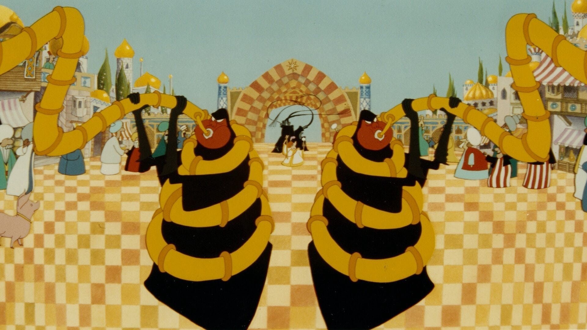 Cinematic background from The Thief and the Cobbler 1993 - It is written among the limitless constellations of the celestial heavens, and  in the depths of the emerald seas, and upon every grain of sand in the vast  deserts, that the world which we see is an outward and visible dream, of an  inward and invisible reality ... Once upon a time there was a golden city. In  the center of the golden city, atop the tallest minaret, were three golden  balls. The ancients had prophesied that if the three golden balls were ever  taken away, harmony would yield to discord, and the city would fall to  destruction and death. But... the mystics had also foretold that the city might  be saved by the simplest soul with the smallest and simplest of things. In the  city there dwelt a lowly shoemaker, who was known as Tack the Cobbler. Also in  the city... existed a Thief, who shall be... nameless.