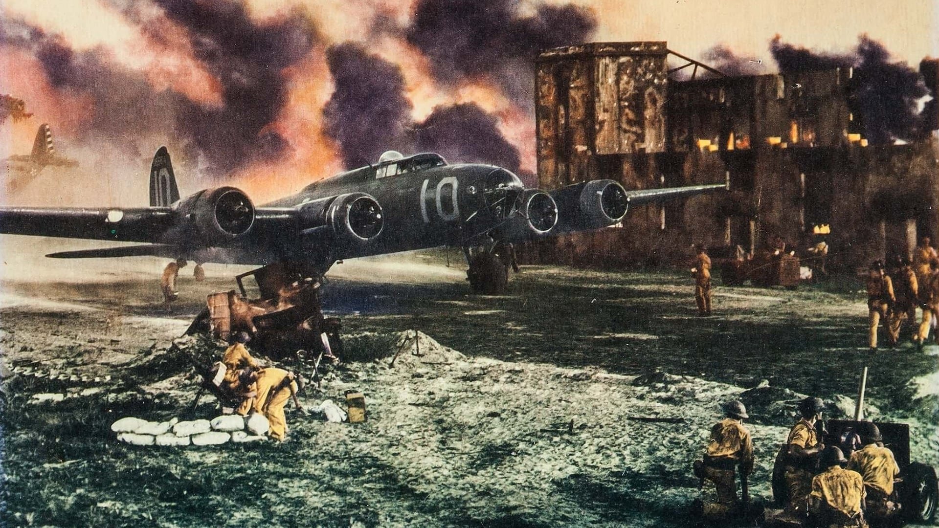 Cinematic background from Air Force 1943 - The crew of an Air Force bomber arrives in Pearl Harbor in the aftermath of the Japanese attack and is sent on to Manila to help with the defense of the Philippines.