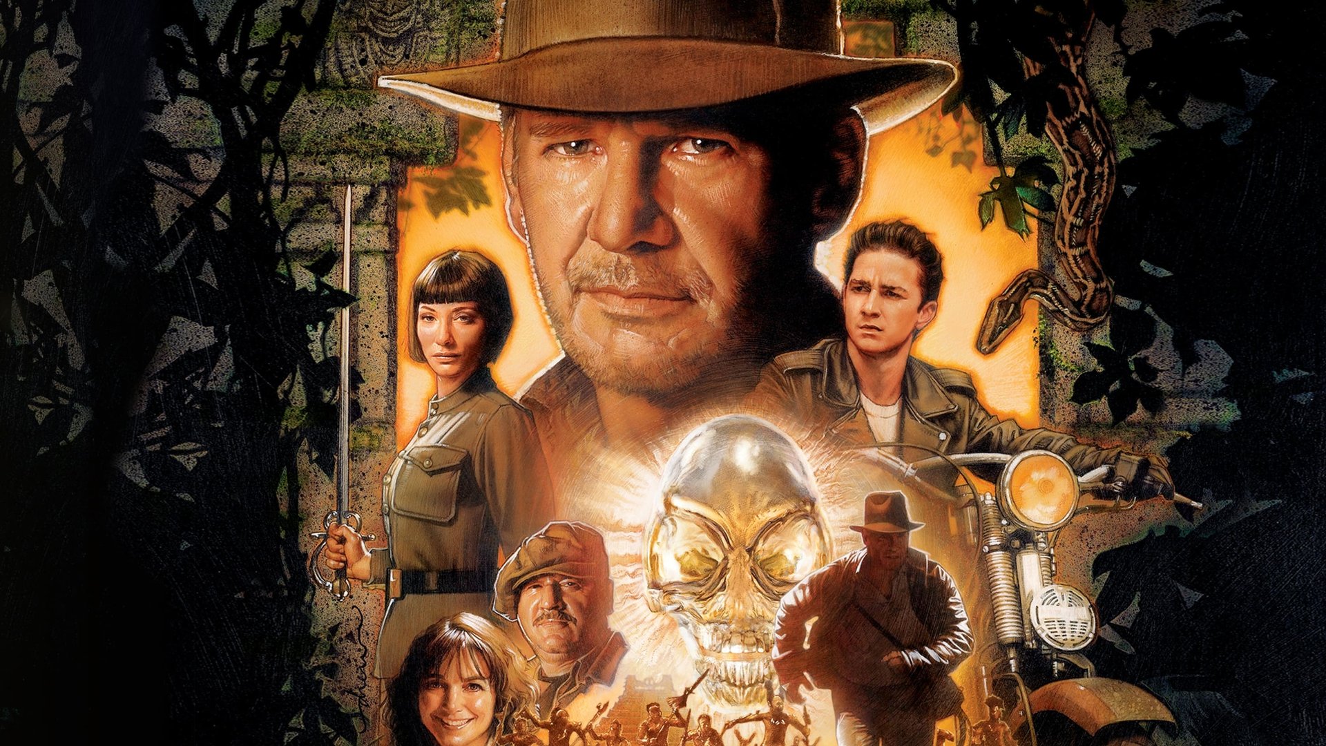 Cinematic background from Indiana Jones and the Kingdom of the Crystal Skull 2008 - Set during the Cold War, the Soviets—led by sword-wielding Irina Spalko—are in search of a crystal skull which has supernatural powers related to a mystical Lost City of Gold. Indy is coerced to head to Peru at the behest of a young man whose friend—and Indy's colleague—Professor Oxley has been captured for his knowledge of the skull's whereabouts.