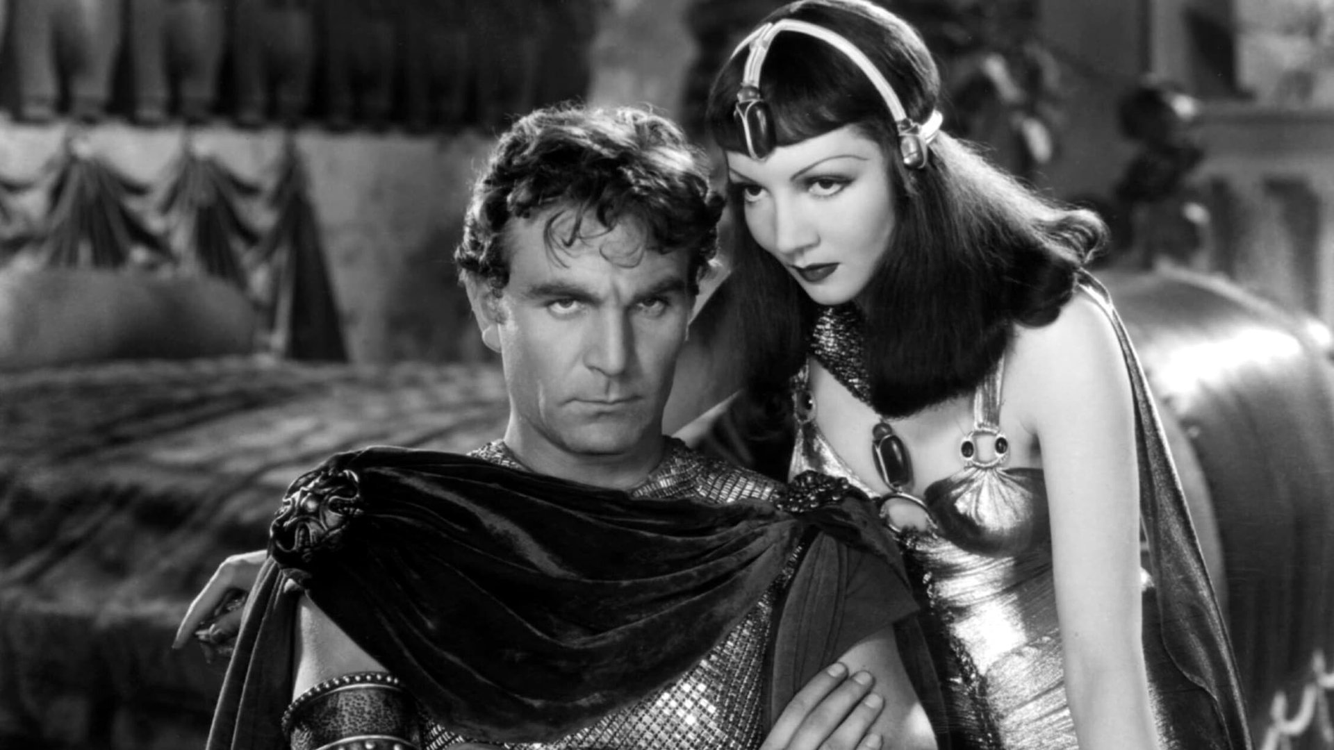 Cinematic background from Cleopatra 1934 - The queen of Egypt barges the Nile and flirts with Mark Antony and Julius Caesar.
