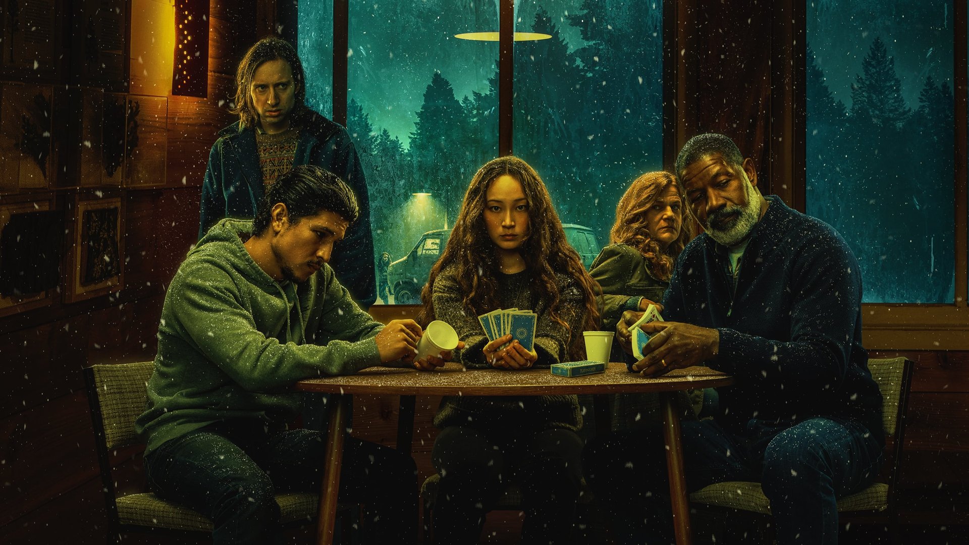 Cinematic background from No Exit 2022 - Stranded at a rest stop in the mountains during a blizzard, a recovering addict discovers a kidnapped child hidden in a car belonging to one of the people inside the building which sets her on a terrifying struggle to identify who among them is the kidnapper.