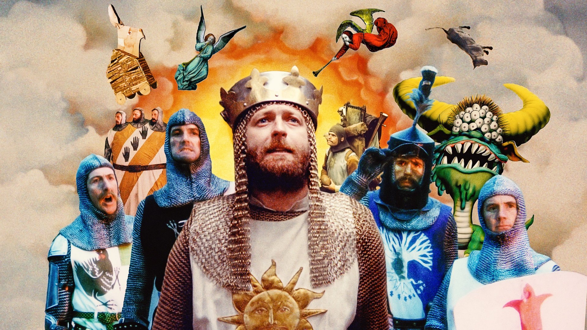 Cinematic background from Monty Python and the Holy Grail 1975 - King Arthur, accompanied by his squire, recruits his Knights of the Round Table, including Sir Bedevere the Wise, Sir Lancelot the Brave, Sir Robin the Not-Quite-So-Brave-As-Sir-Lancelot and Sir Galahad the Pure. On the way, Arthur battles the Black Knight who, despite having had all his limbs chopped off, insists he can still fight. They reach Camelot, but Arthur decides not  to enter, as "it is a silly place".
