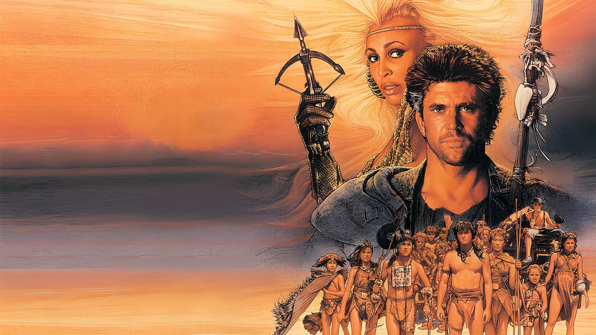 Cinematic background from Mad Max Beyond Thunderdome 1985 - Mad Max becomes a pawn in a decadent oasis of a technological society, and when exiled, becomes the deliverer of a colony of children.