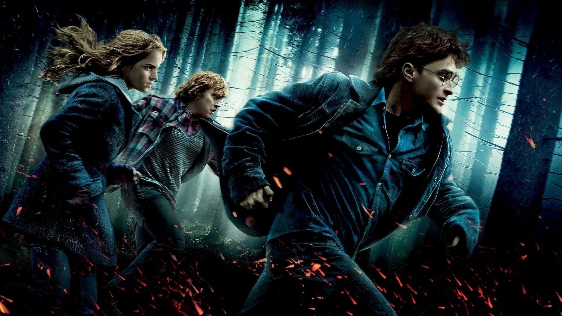 Cinematic background from Harry Potter and the Deathly Hallows: Part 1 2010 - Harry, Ron and Hermione walk away from their last year at Hogwarts to find and destroy the remaining Horcruxes, putting an end to Voldemort's bid for immortality. But with Harry's beloved Dumbledore dead and Voldemort's unscrupulous Death Eaters on the loose, the world is more dangerous than ever.