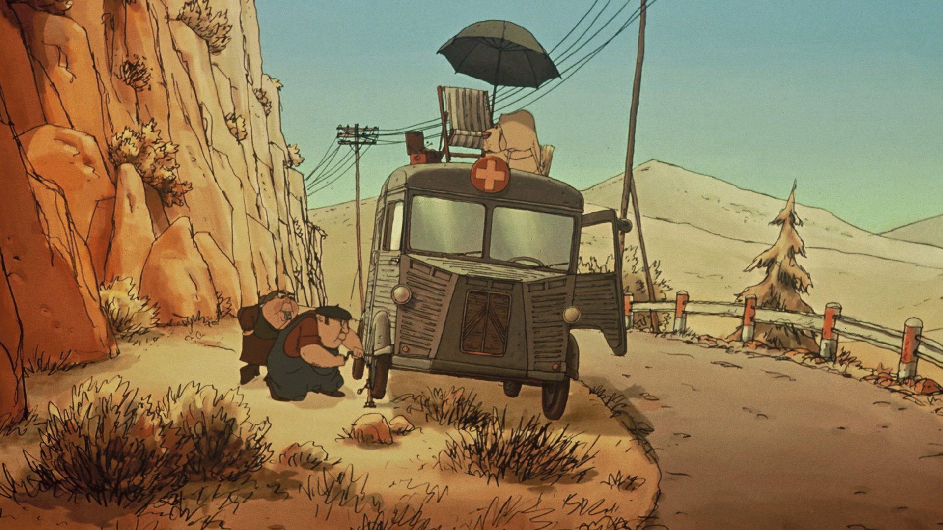 Cinematic background from The Triplets of Belleville 2003 - When her grandson is kidnapped during the Tour de France, Madame Souza and her beloved pooch Bruno team up with the Belleville Sisters—an aged song-and-dance team from the days of Fred Astaire—to rescue him.