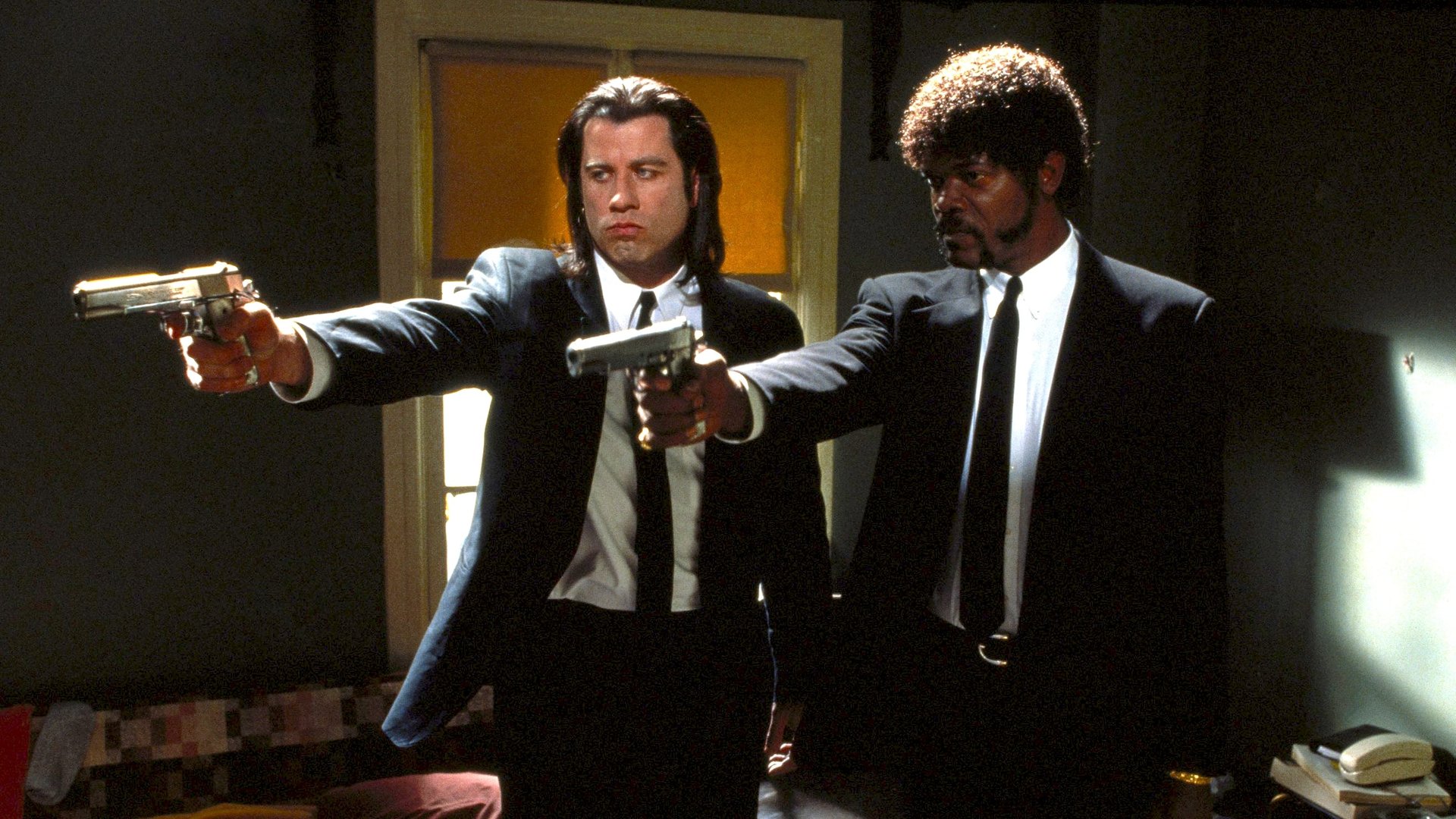 Cinematic background from Pulp Fiction 1994 - A burger-loving hit man, his philosophical partner, a drug-addled gangster's moll and a washed-up boxer converge in this sprawling, comedic crime caper. Their adventures unfurl in three stories that ingeniously trip back and forth in time.