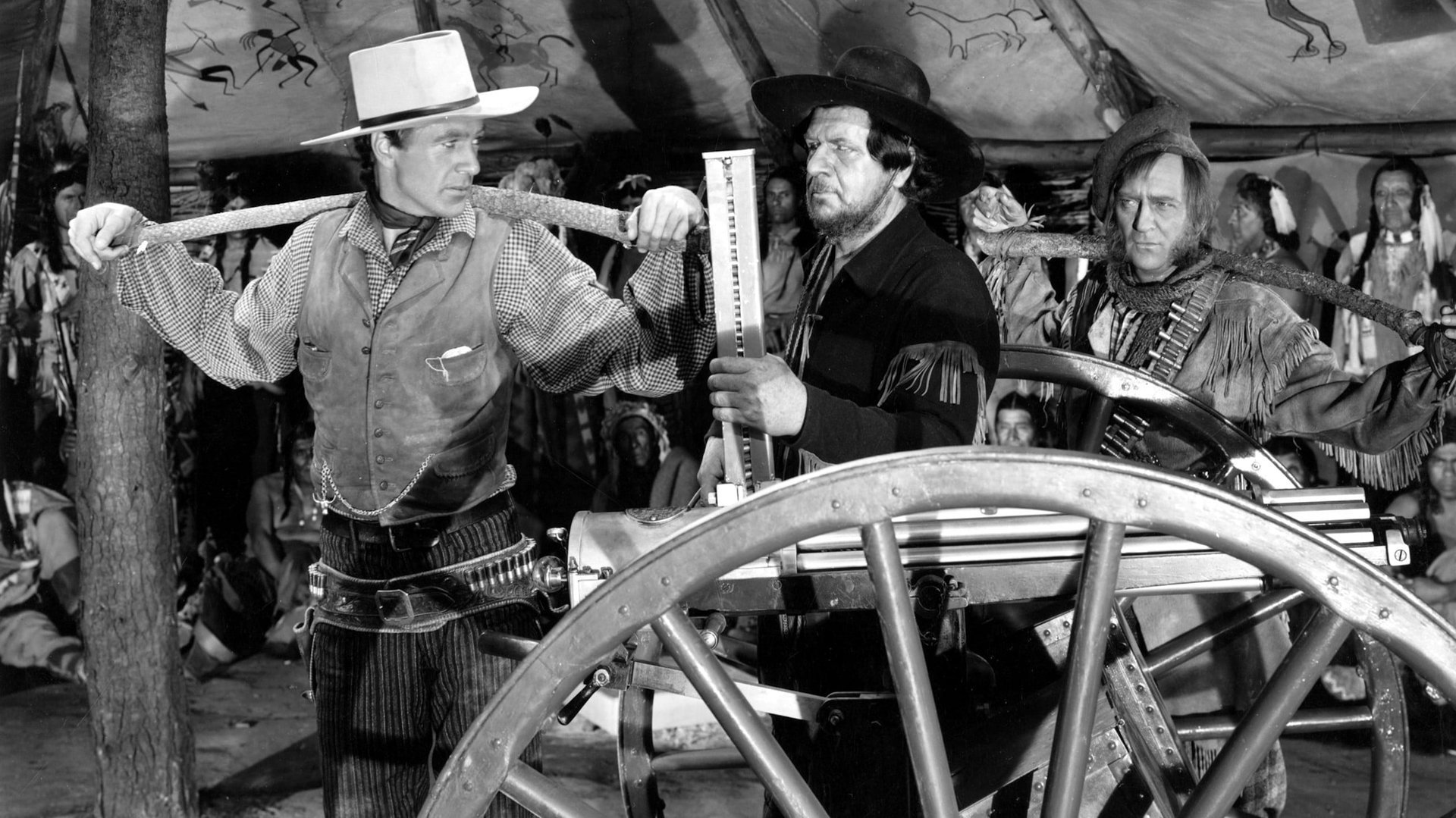 Cinematic background from North West Mounted Police 1940 - Texas Ranger Dusty Rivers ("Isn't that a contradiction in terms?", another character asks him) travels to Canada in the 1880s in search of Jacques Corbeau, who is wanted for murder. He wanders into the midst of the Riel Rebellion, in which Métis (people of French and Native heritage) and Natives want a separate nation. Dusty falls for nurse April Logan, who is also loved by Mountie Jim Brett. April's brother is involved with Courbeau's daughter Louvette, which leads to trouble during the battles between the rebels and the Mounties. Through it all Dusty is determined to bring Corbeau back to Texas (and April, too, if he can manage it.)