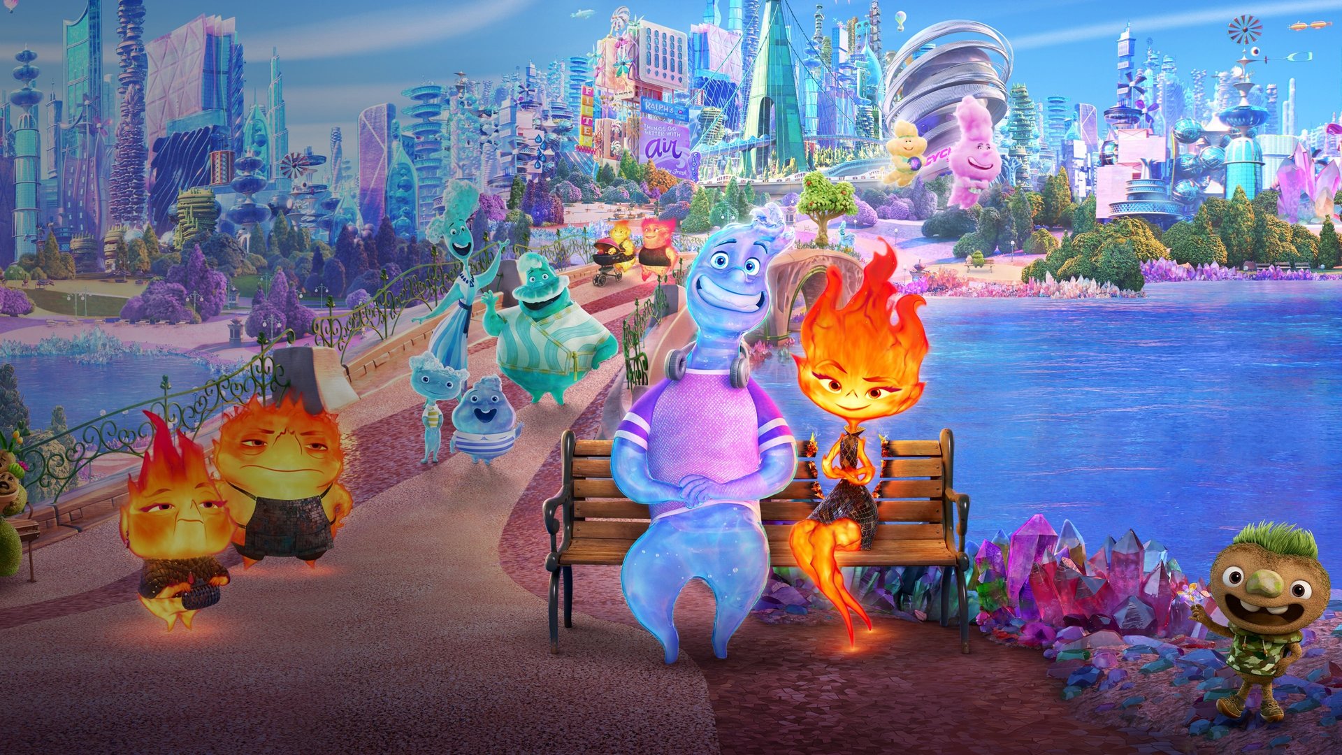 Cinematic background from Elemental 2023 - In a city where fire, water, land and air residents live together, a fiery young woman and a go-with-the-flow guy will discover something elemental: how much they have in common.