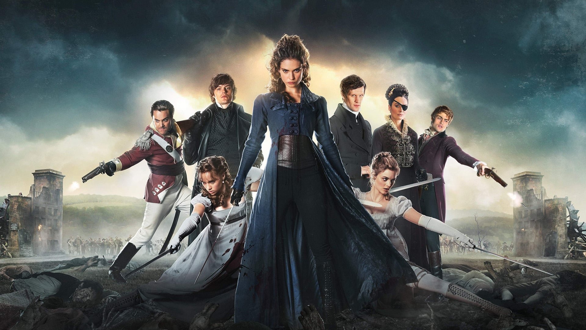 Cinematic background from Pride and Prejudice and Zombies 2016 - A zombie outbreak has fallen upon the land in this reimagining of Jane Austen's classic tale of the tangled relationships between lovers from different social classes in 19th century England. Feisty heroine Elizabeth Bennet is a master of martial arts and weaponry and the handsome Mr. Darcy is a fierce zombie killer, yet the epitome of upper class prejudice. As the zombie outbreak intensifies, they must swallow their pride and join forces on the blood-soaked battlefield in order to conquer the undead once and for all.