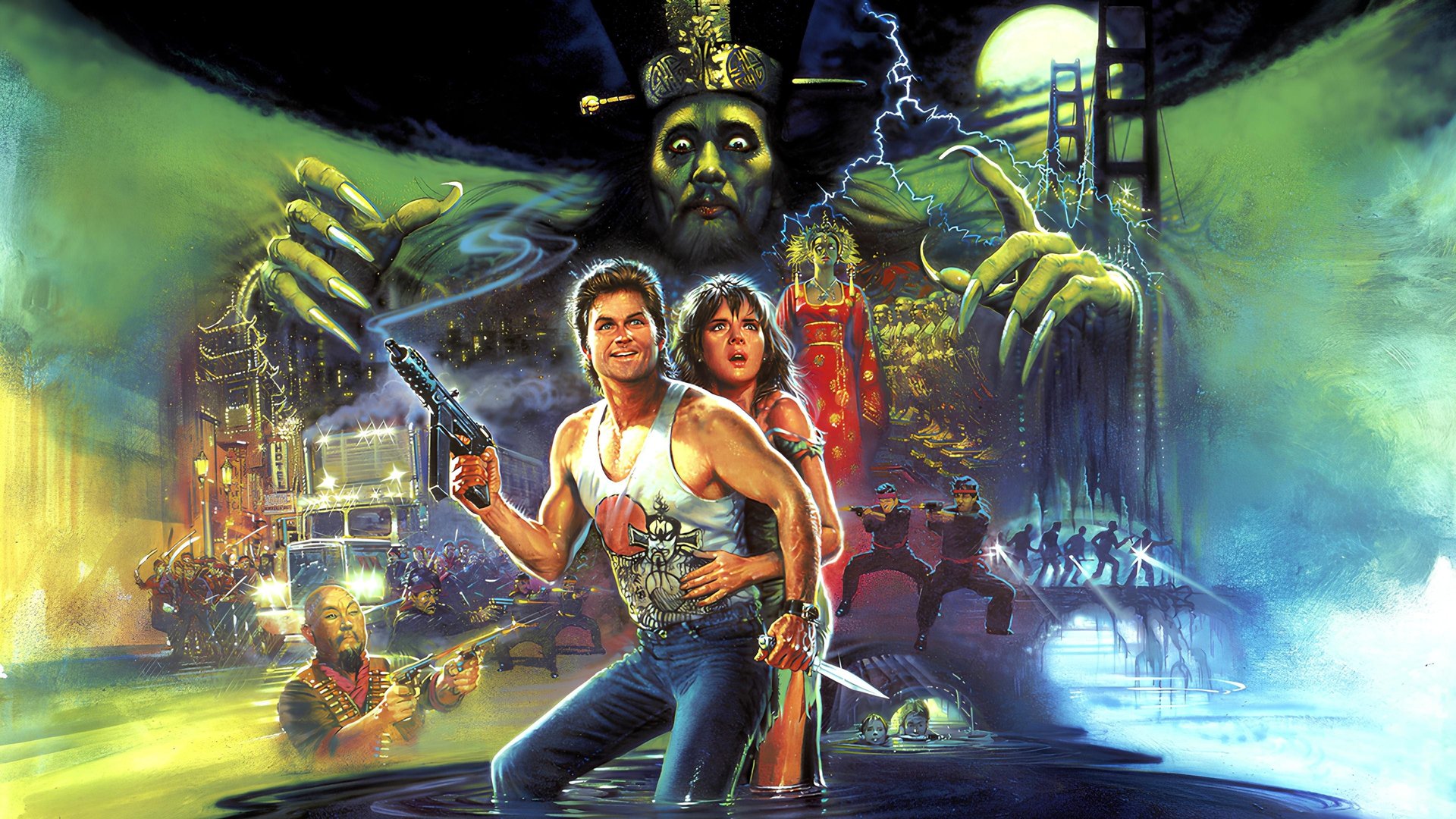 Cinematic background from Big Trouble in Little China 1986 - When trucker Jack Burton agreed to take his friend, Wang Chi, to pick up his fiancee at the airport, he never expected to get involved in a supernatural battle between good and evil. Wang's fiancee has emerald green eyes, which make her a perfect target for immortal sorcerer Lo Pan—who must marry a girl with green eyes so he can regain his physical form.