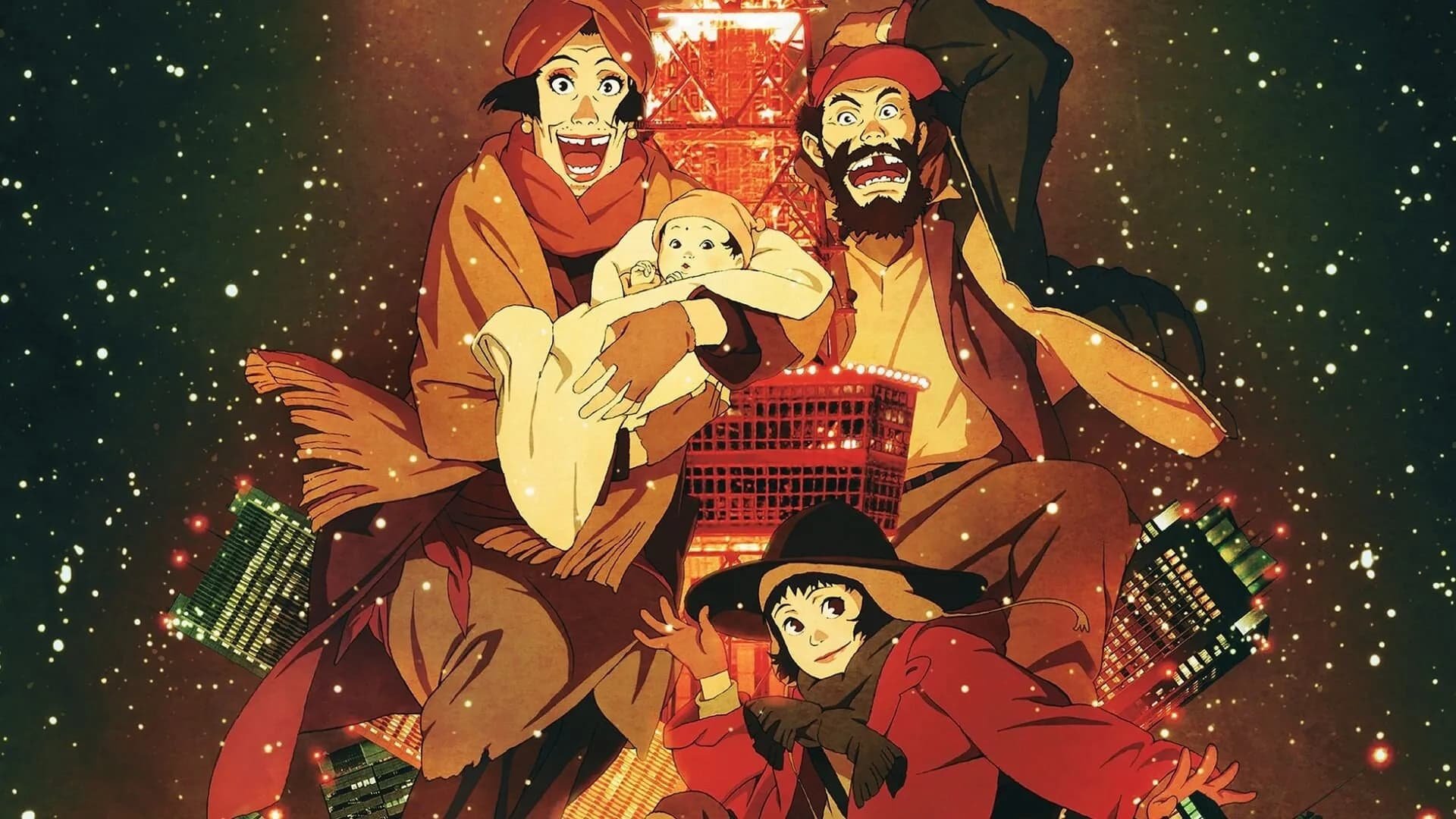 Cinematic background from Tokyo Godfathers 2003 - On Christmas Eve, three homeless people living on the streets of Tokyo discover a newborn baby among the trash and set out to find its parents.