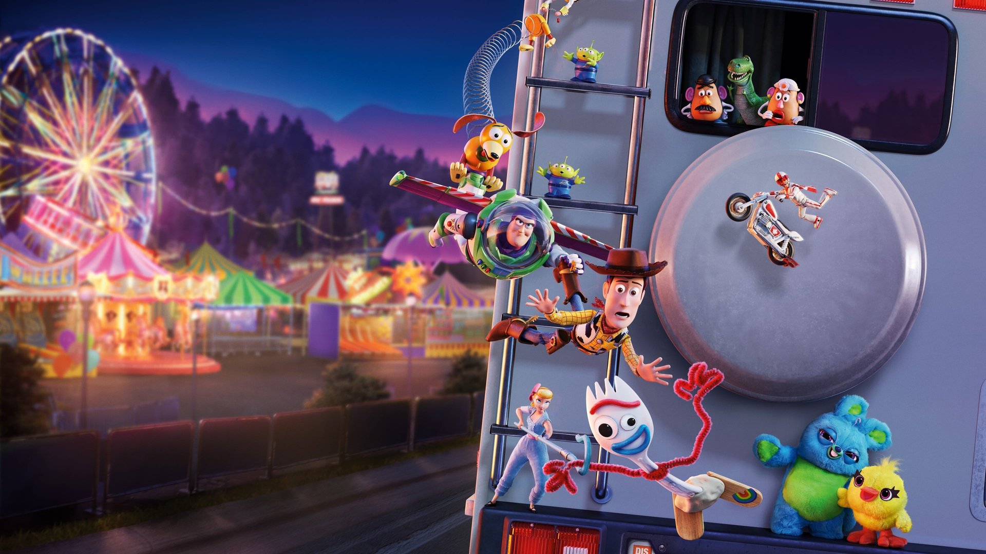 Cinematic background from Toy Story 4 2019 - Woody has always been confident about his place in the world and that his priority is taking care of his kid, whether that's Andy or Bonnie. But when Bonnie adds a reluctant new toy called "Forky" to her room, a road trip adventure alongside old and new friends will show Woody how big the world can be for a toy.