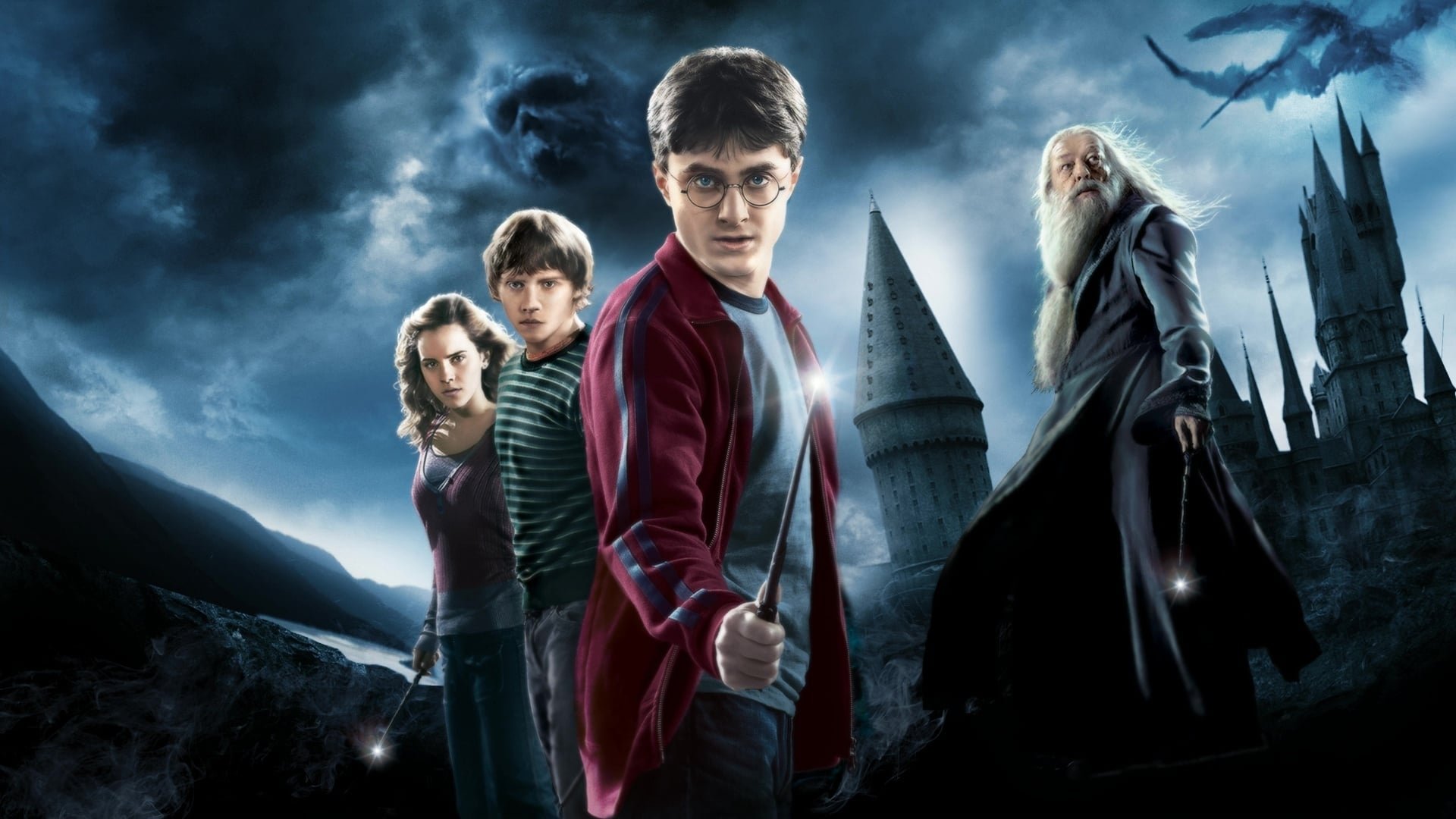 Cinematic background from Harry Potter and the Half-Blood Prince 2009 - As Lord Voldemort tightens his grip on both the Muggle and wizarding worlds, Hogwarts is no longer a safe haven. Harry suspects perils may even lie within the castle, but Dumbledore is more intent upon preparing him for the final battle fast approaching. Together they work to find the key to unlock Voldemorts defenses and to this end, Dumbledore recruits his old friend and colleague Horace Slughorn, whom he believes holds crucial information. Even as the decisive showdown looms, romance blossoms for Harry, Ron, Hermione and their classmates. Love is in the air, but danger lies ahead and Hogwarts may never be the same again.