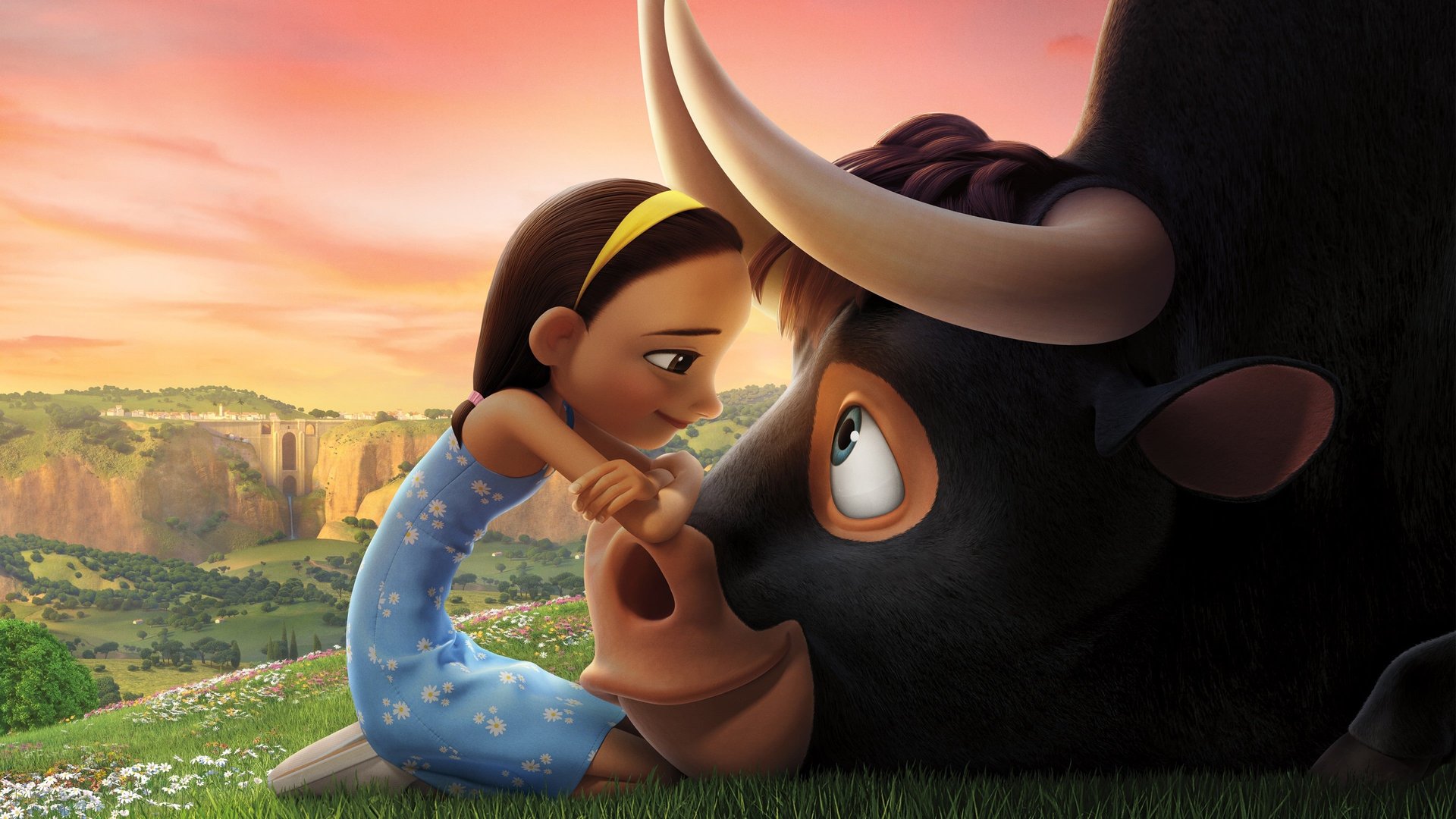 Cinematic background from Ferdinand 2017 - Ferdinand, a little bull, prefers sitting quietly under a cork tree just smelling the flowers versus jumping around, snorting, and butting heads with other bulls. As Ferdinand grows big and strong, his temperament remains mellow, but one day five men come to choose the "biggest, fastest, roughest bull" for the bullfights in Madrid and Ferdinand is mistakenly chosen.  Based on the classic 1936 children's book by Munro Leaf.