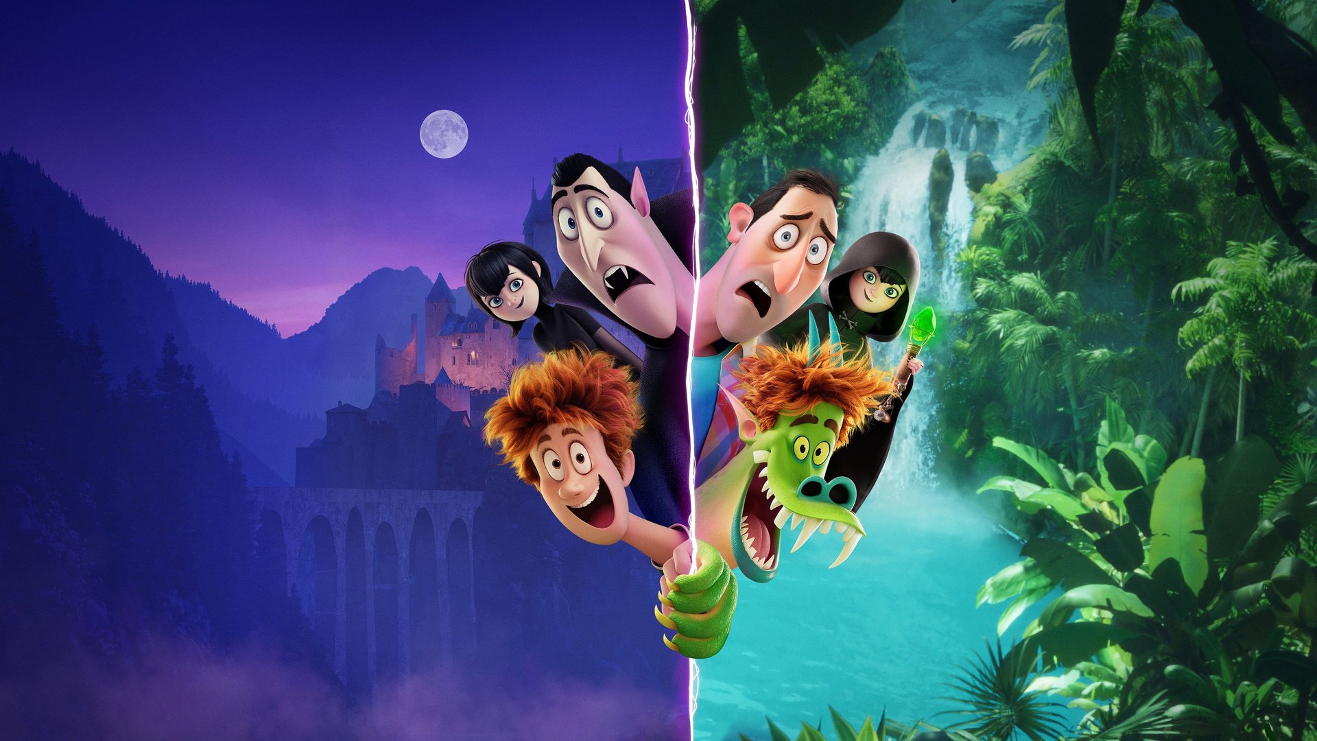 Cinematic background from Hotel Transylvania 4: Transformania 2022 - When Van Helsing's mysterious invention, the "Monsterfication Ray," goes haywire, Drac and his monster pals are all transformed into humans, and Johnny becomes a monster. In their new mismatched bodies, Drac and Johnny must team up and race across the globe to find a cure before it's too late, and before they drive each other crazy.