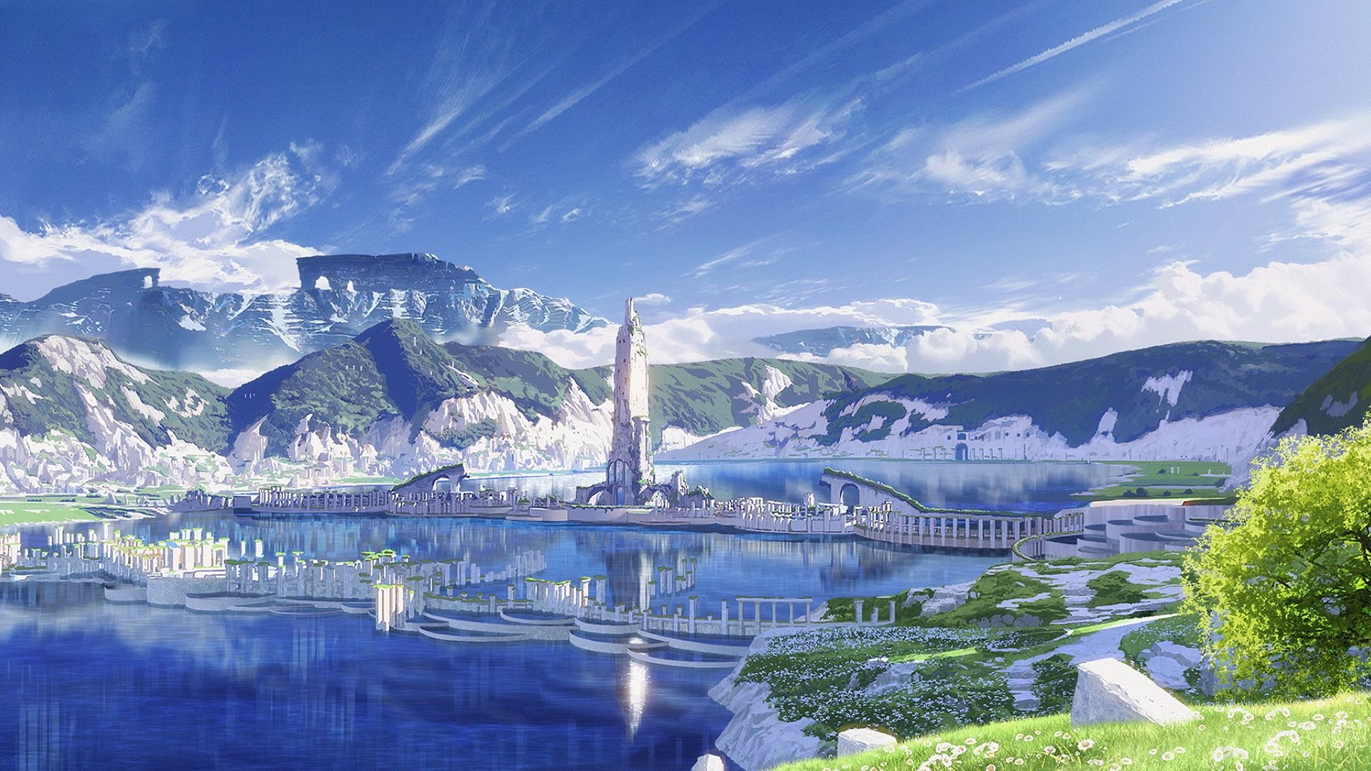 Cinematic background from Maquia: When the Promised Flower Blooms 2018 - Maquia is a member of a special race called the Iorph who can live for hundreds of years. However, Maquia has always felt lonely despite being surrounded by her people, as she was orphaned from a young age. She daydreams about the outside world, but dares not travel from her home due to the warnings of the clan's chief.  One day the kingdom of Mezarte invades her homeland. They already have what is left of the giant dragons, the Renato, under their control, and now their king wishes to add the immortality to his bloodline.  They ravage the Iorph homeland and kill most of its inhabitants. Caught in the midst of the attack, Maquia is carried off by one of the Renato. It soon dies, and she is left deserted in a forest, now truly alone save for the cries of a single baby off in the distance. Maquia finds the baby in a destroyed village and decides to raise him as her own, naming him Ariel. Although she knows nothing of the human world, how to raise a child that ages much faster than her.