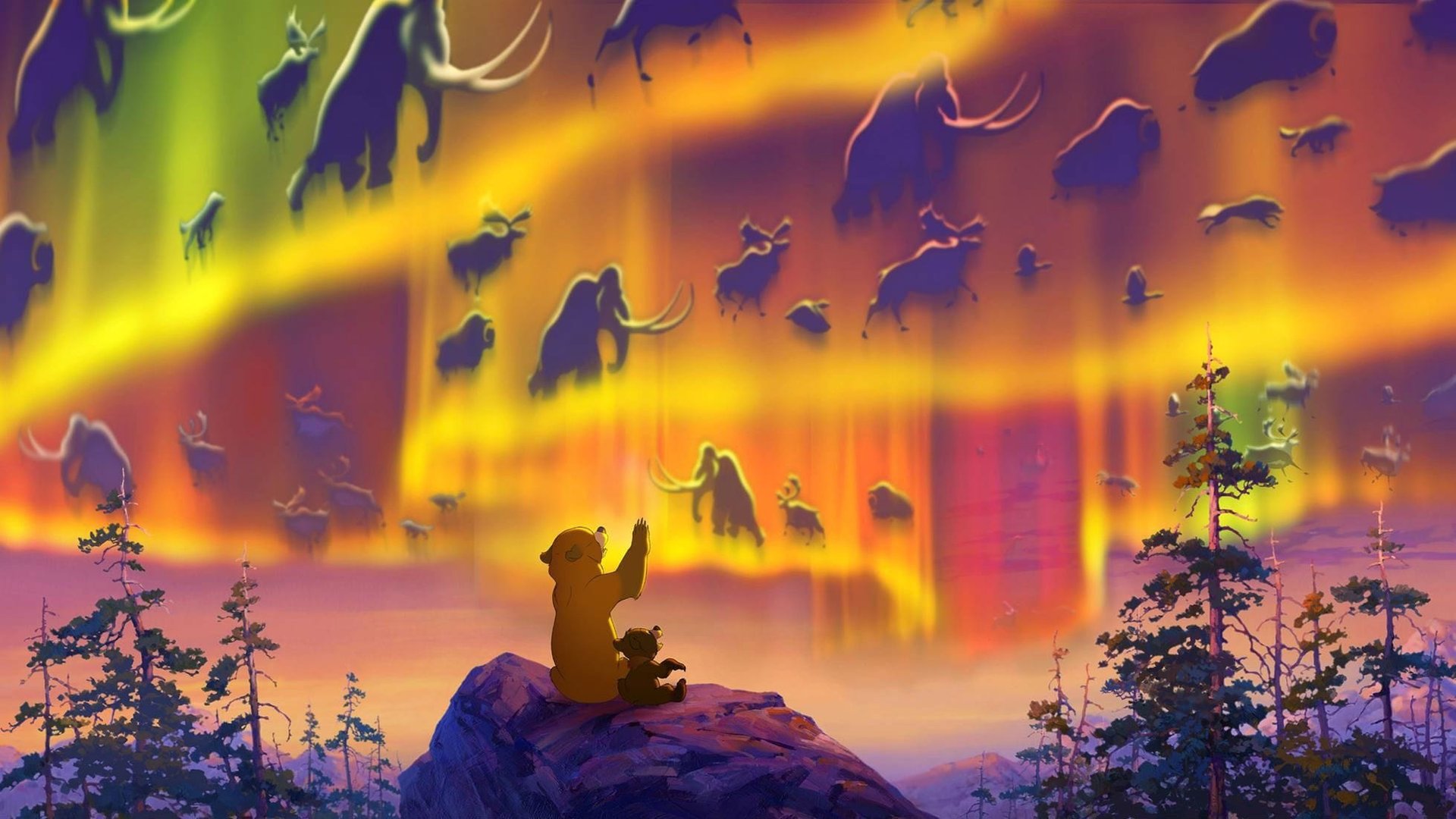 Cinematic background from Brother Bear 2003 - When an impulsive boy named Kenai is magically transformed into a bear, he must literally walk in another's footsteps until he learns some valuable life lessons. His courageous and often zany journey introduces him to a forest full of wildlife, including the lovable bear cub Koda, hilarious moose Rutt and Tuke, woolly mammoths and rambunctious rams.